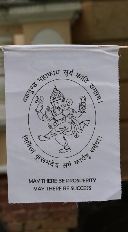White Ganesh Prayer Flag with Mantra of Ganesh on prayer flag