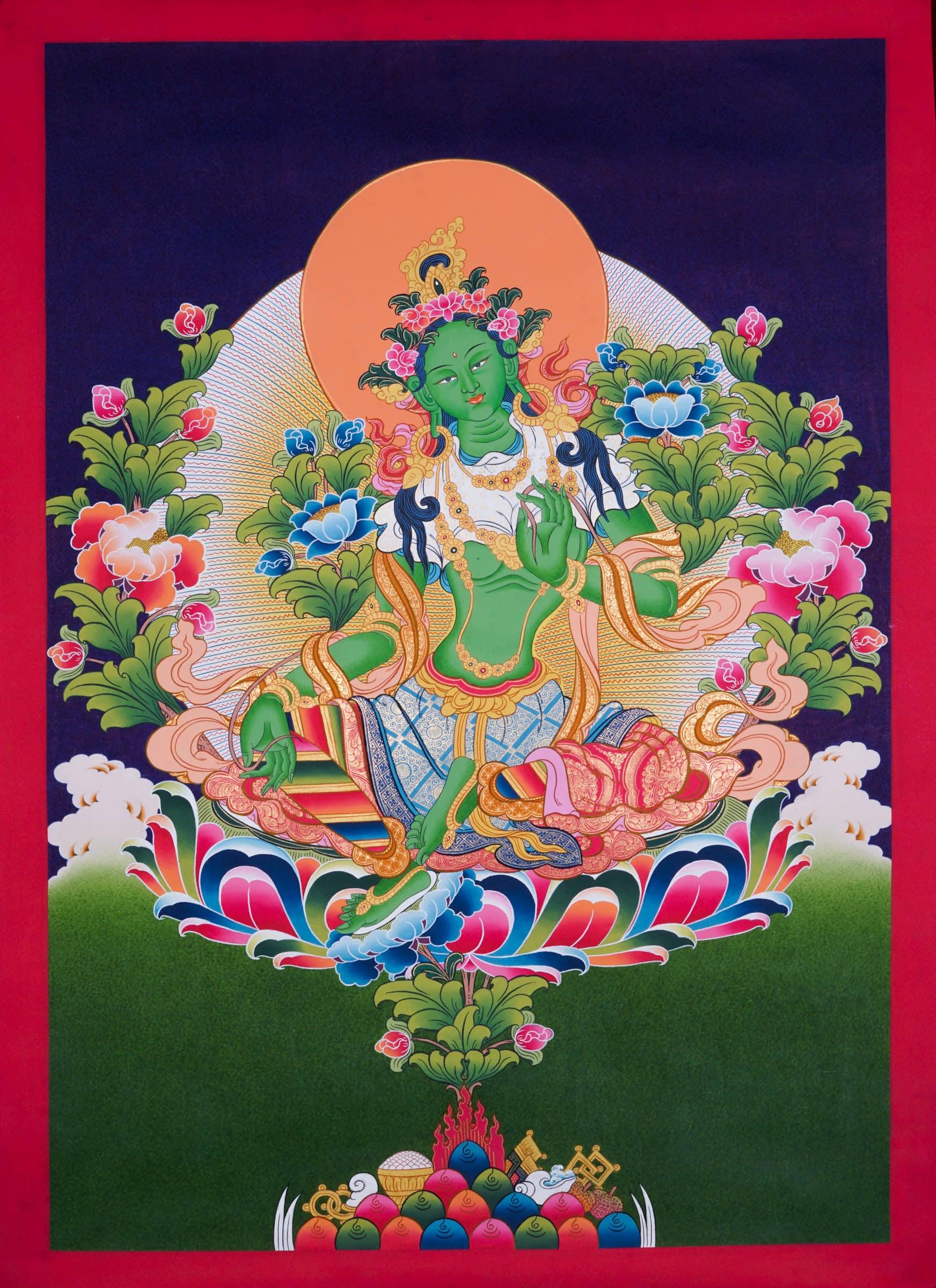 Green Tara Thangka Painting - Best handpainted thangka painting - HimalayasShop
