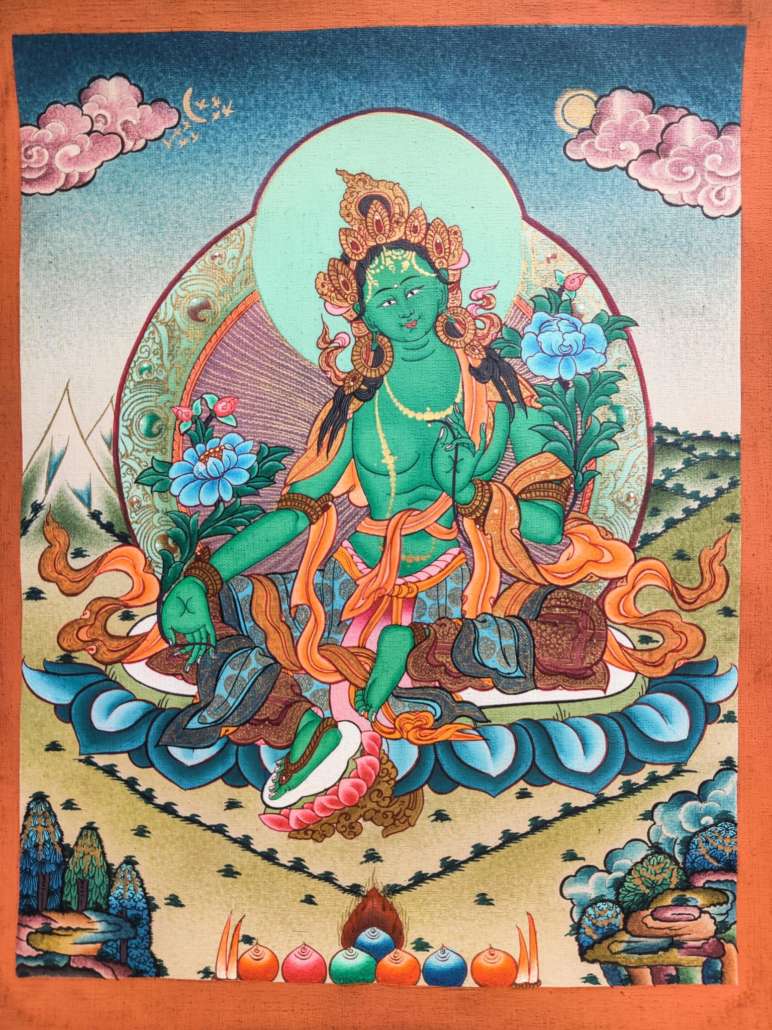Handmade Green Tara Tibetan Thangka Painting