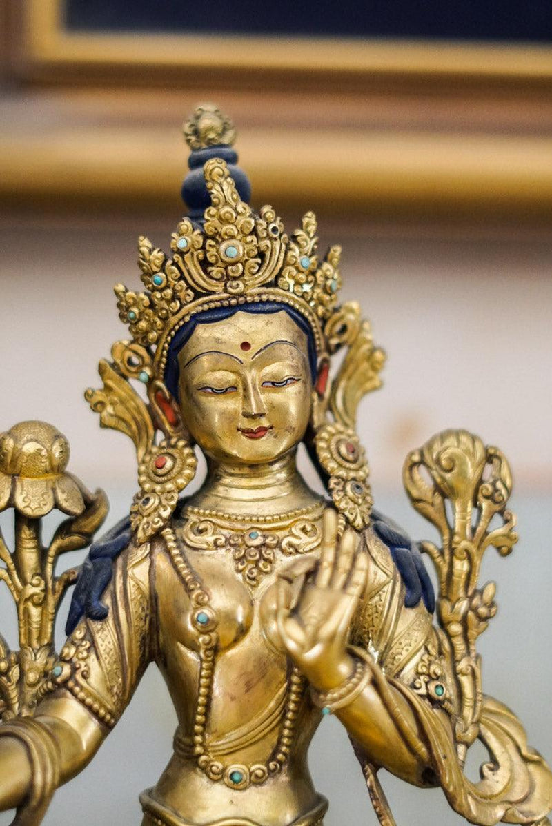 Buy best Golden Green Tara Statue for your meditation altar. Statue for positivity. Buy Best Buddha Statue here. Best Buddhist gift or spiritual gifts for your family, friends and loved once.
