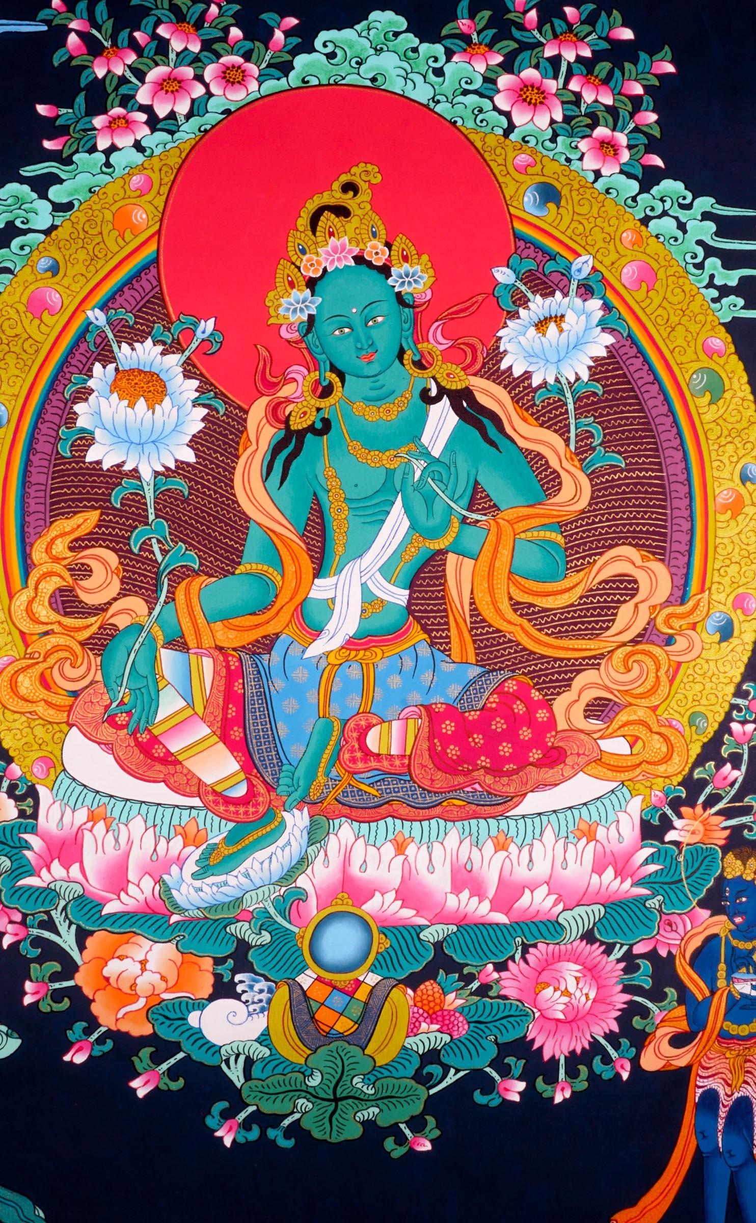 Green Tara Thangka painting - a unique piece of art by our master artist.