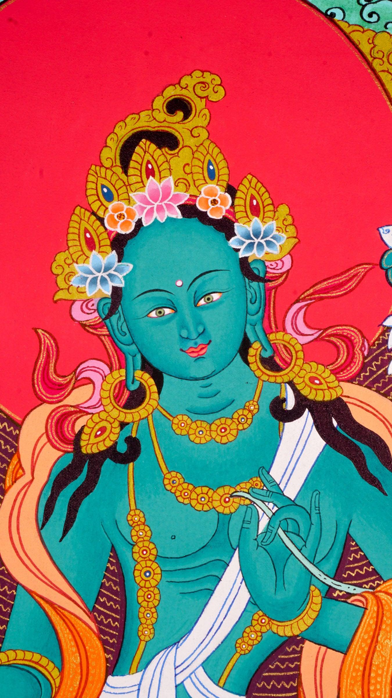 Green Tara Thangka painting - a unique piece of art by our master artist.