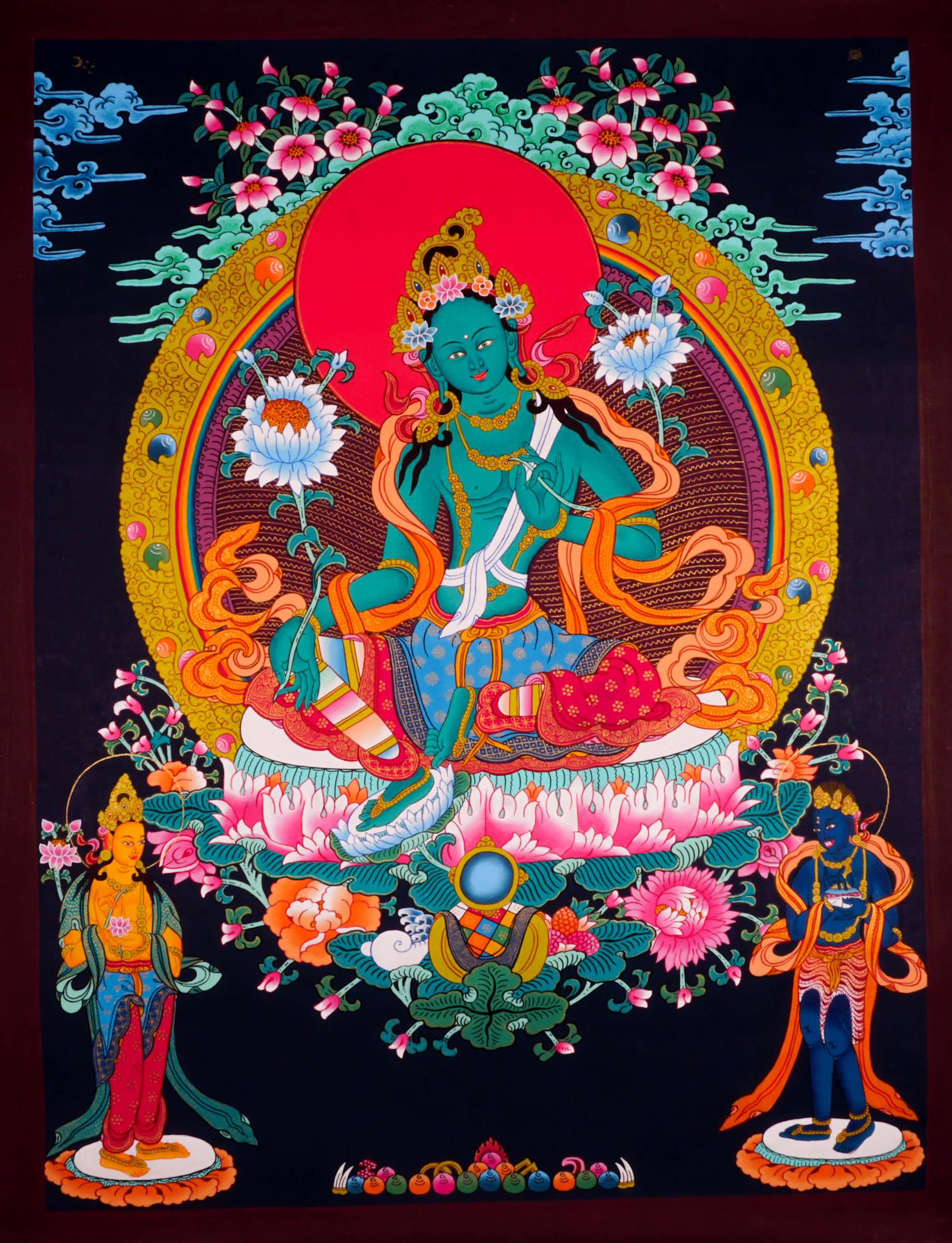 Green Tara Thangka painting - a unique piece of art by our master artist.