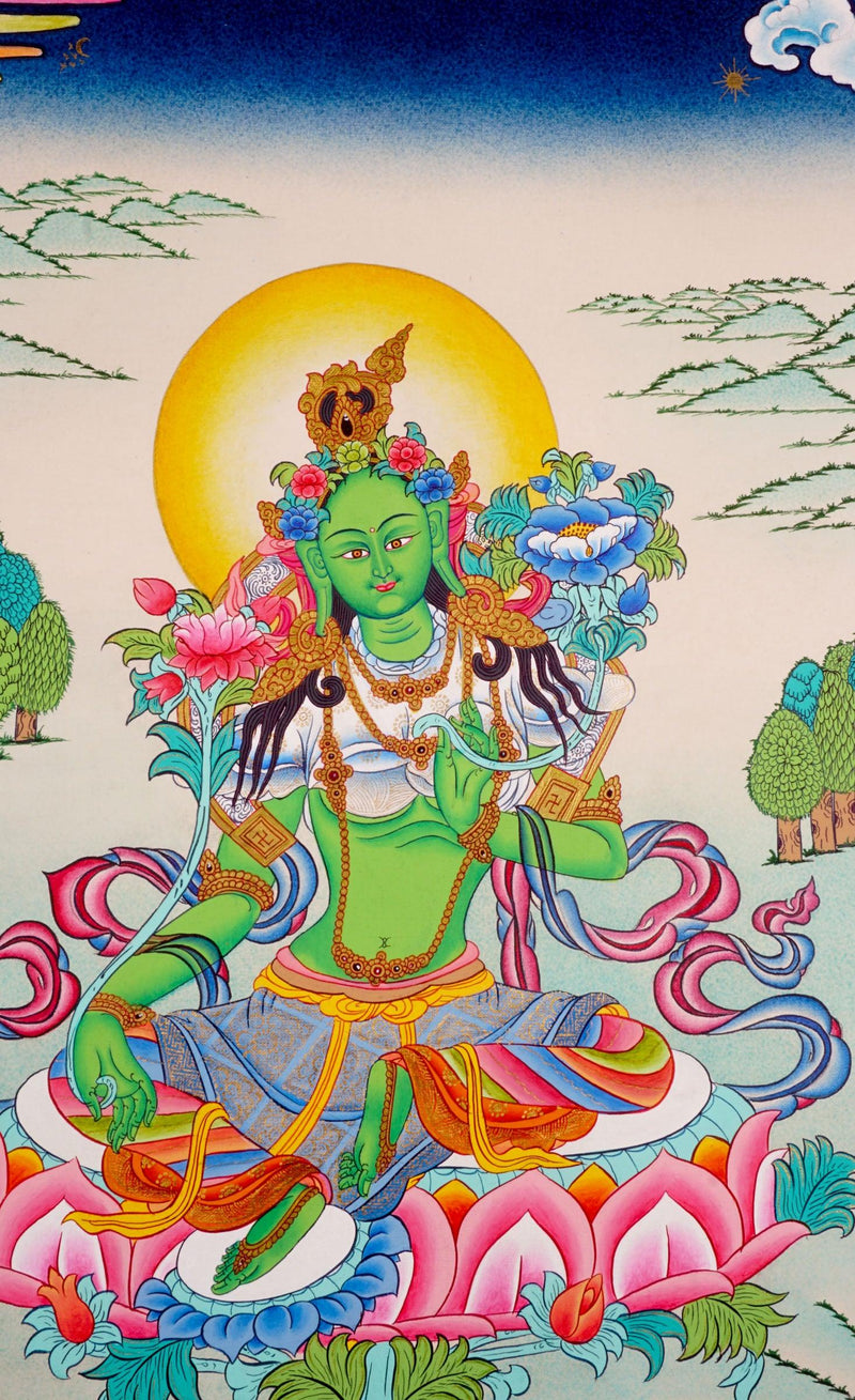 Green Tara Thangka art on cotton canvas for wall hanging