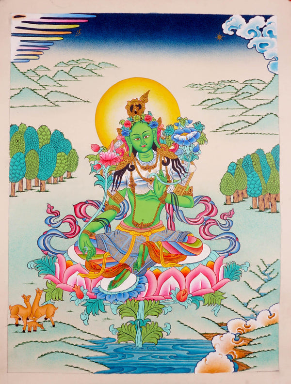 Green Tara Thangka art on cotton canvas for wall hanging
