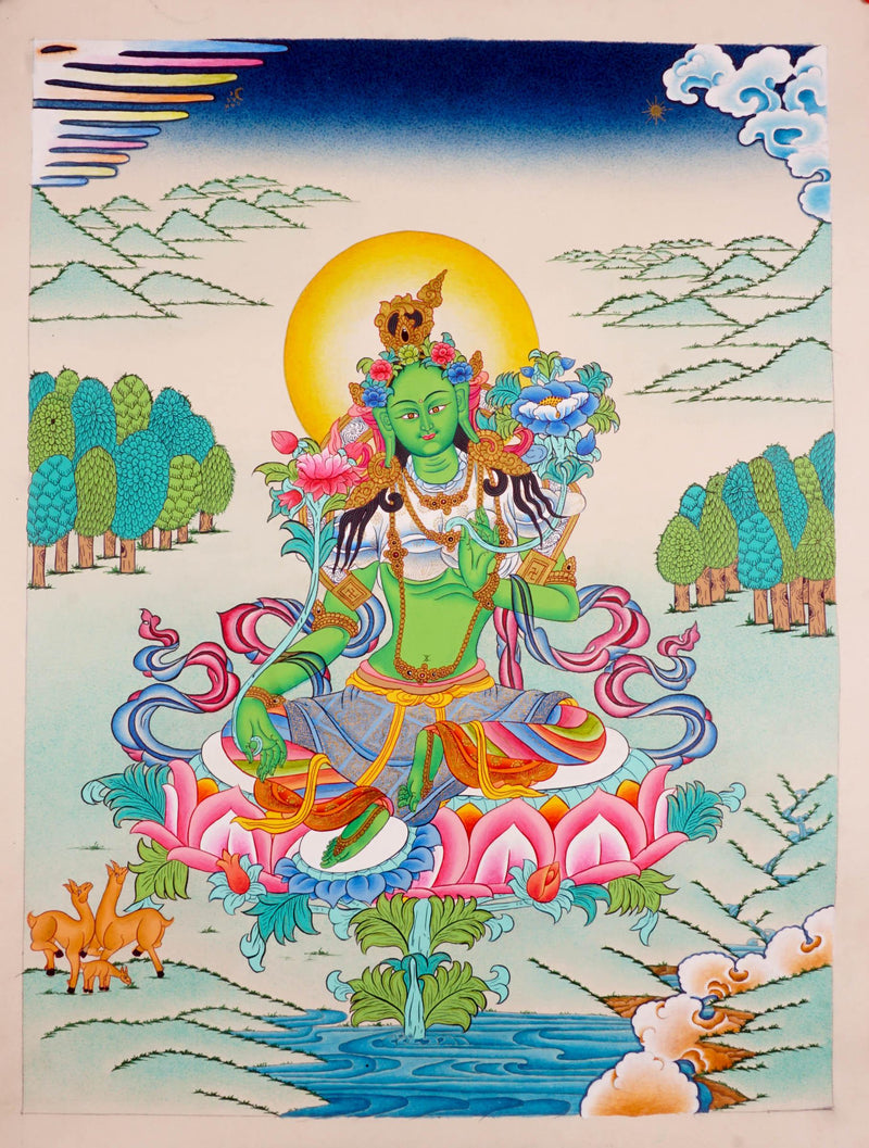 Green Tara Thangka art on cotton canvas for wall hanging