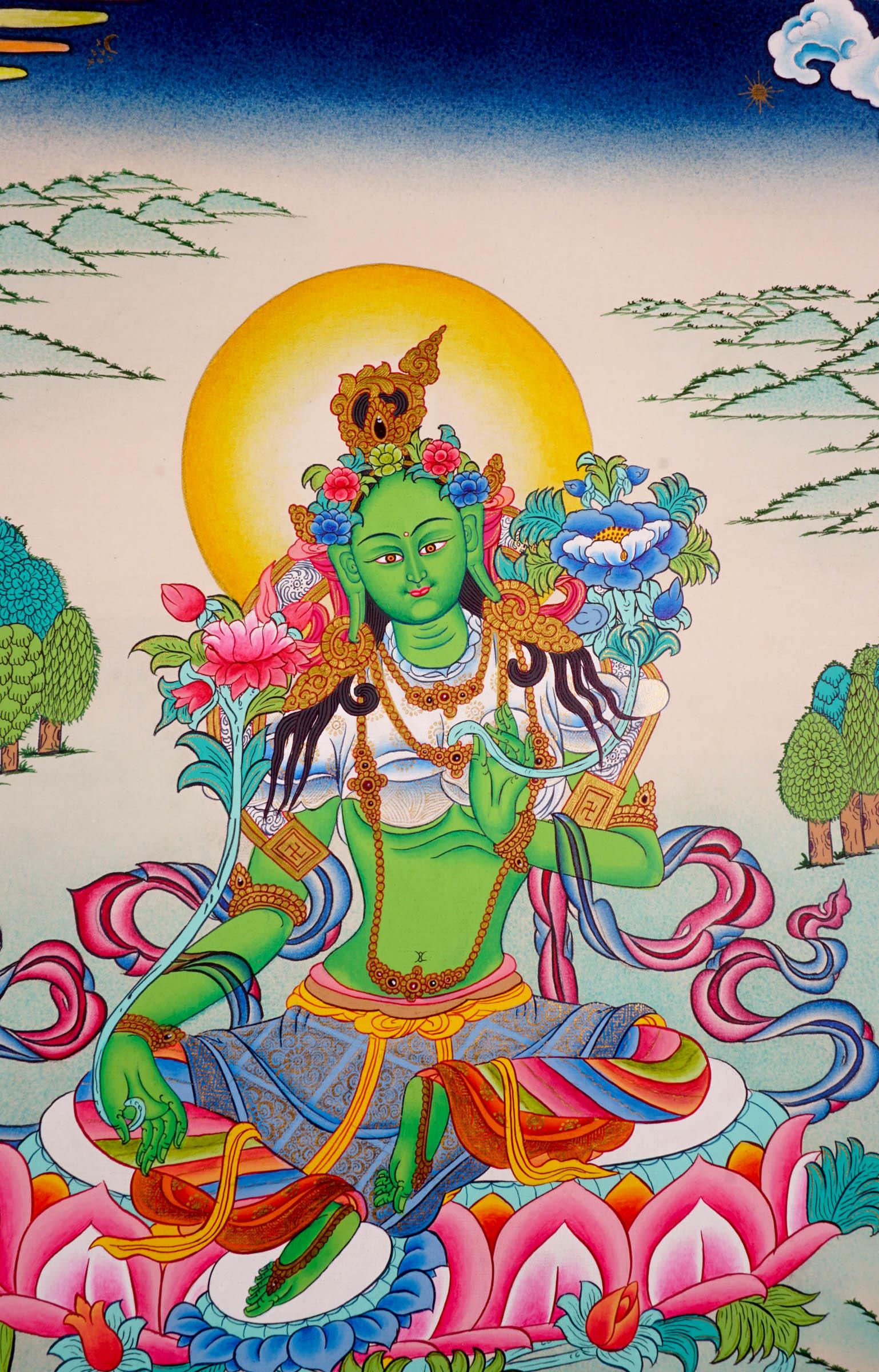 Green Tara Thangka art on cotton canvas for wall hanging