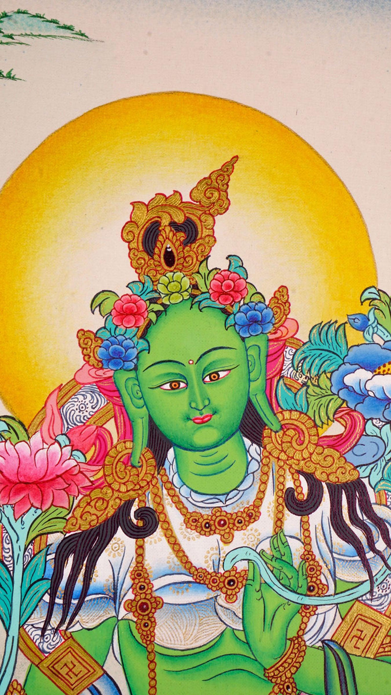 Green Tara Thangka art on cotton canvas for wall hanging