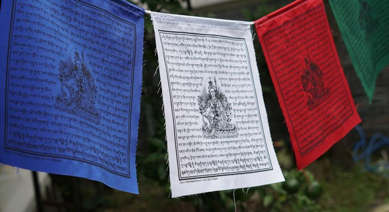Guru Rinpoche Prayer Flag. Tibetan Flag of Guru with Mantra to hang on outddoor.