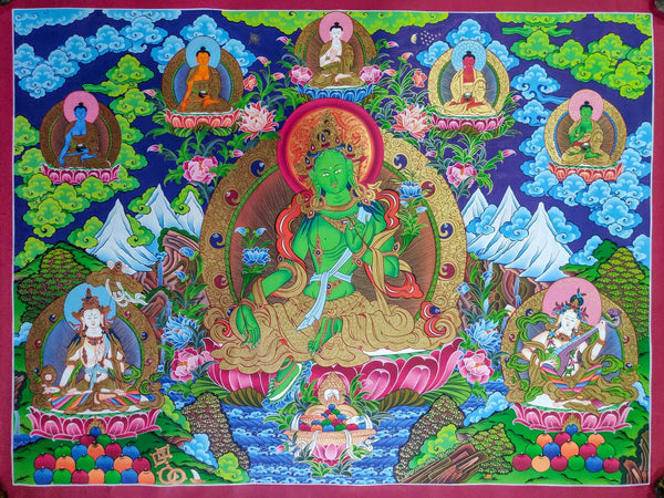 Master Piece Green Tara Thangka Painting with Five Wisdom Tathagata and Saraswati