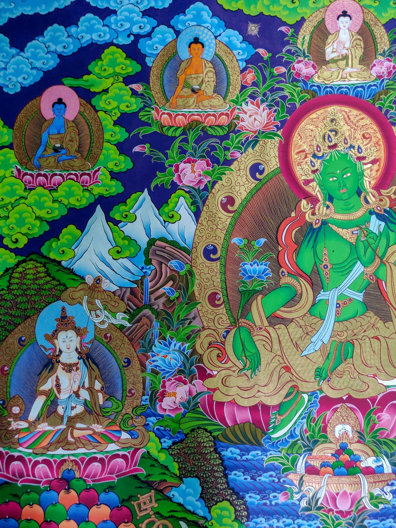 Master Piece Green Tara Thangka Painting with Five Wisdom Tathagata and Saraswati