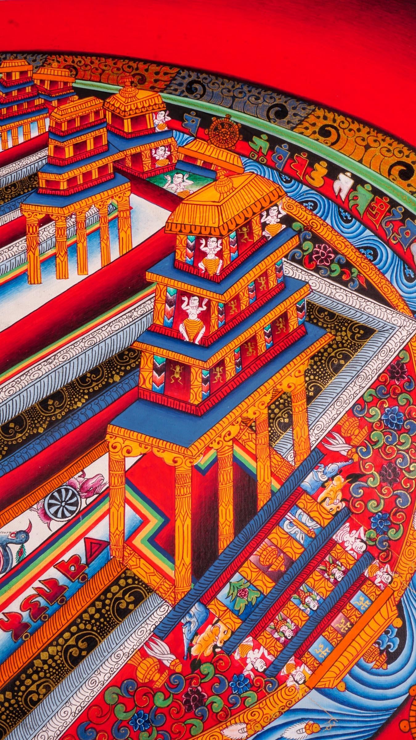 Kalchakra Mandala Thangka Painting on canvas with 3 D to show each dimension of Mandala in details