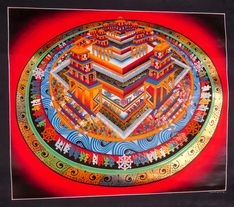3 D kalchakra thangka painting on cotton canvas for wall hanging shows each steps to reach the spiritual enlightenment at top of Kalchakra mandala