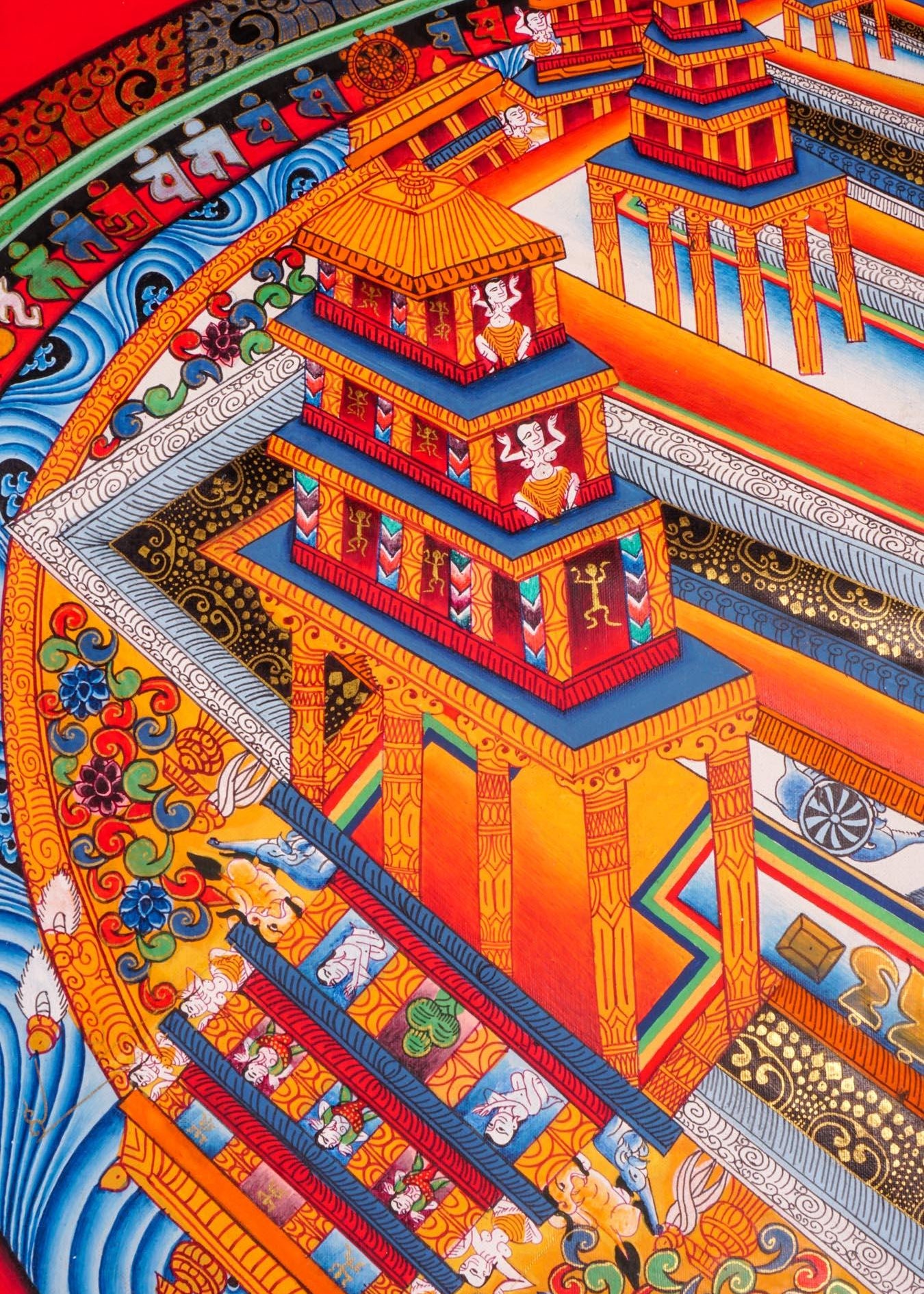 Kalchakra Mandala Thangka Painting on canvas with 3 D to show each dimension of Mandala in details