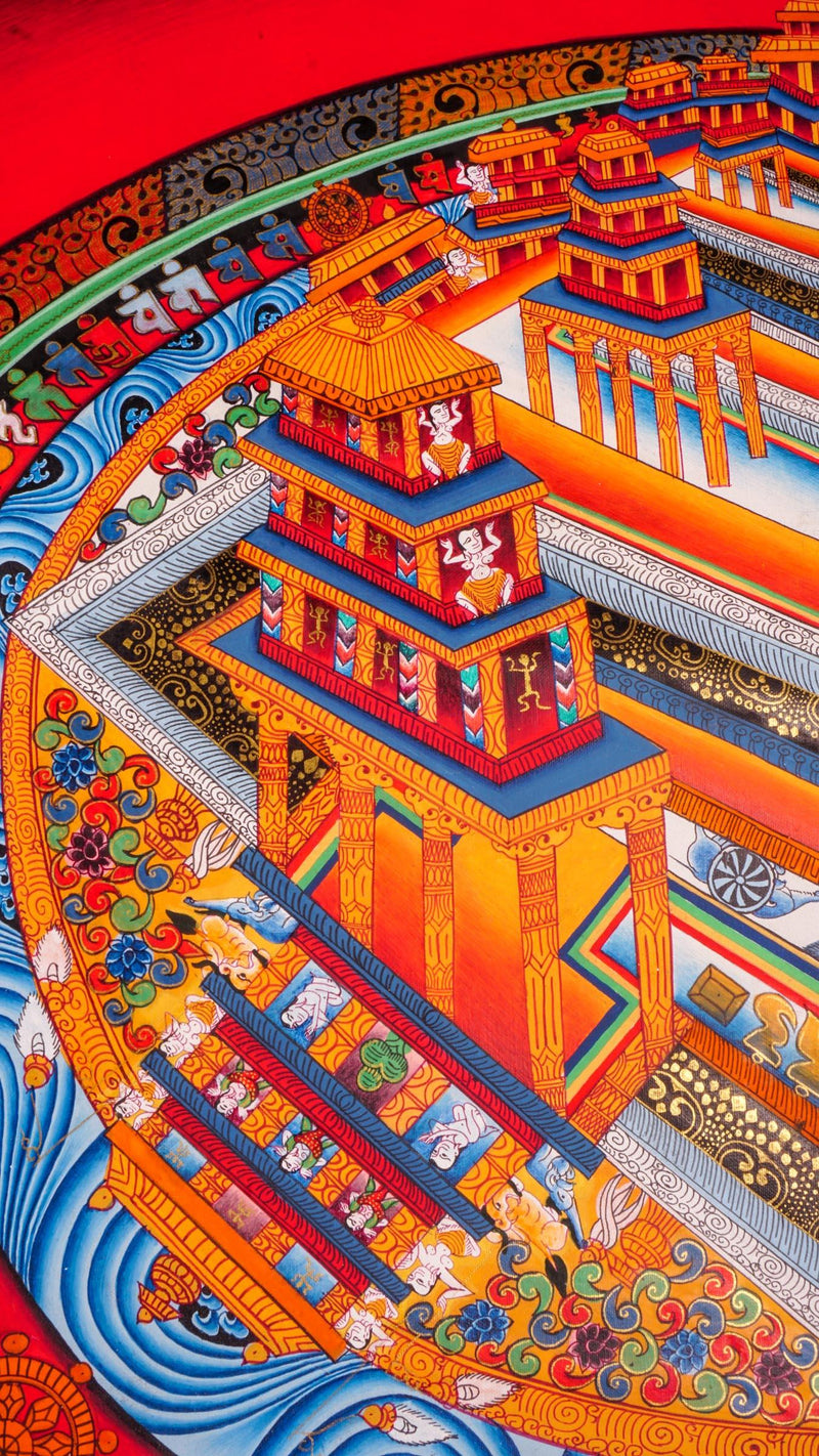 Kalchakra Mandala Thangka Painting on canvas with 3 D to show each dimension of Mandala in details