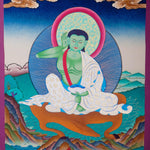 Tibetan thangka art of Milarepa with green Body draped in white clothed and holds a begging bowl