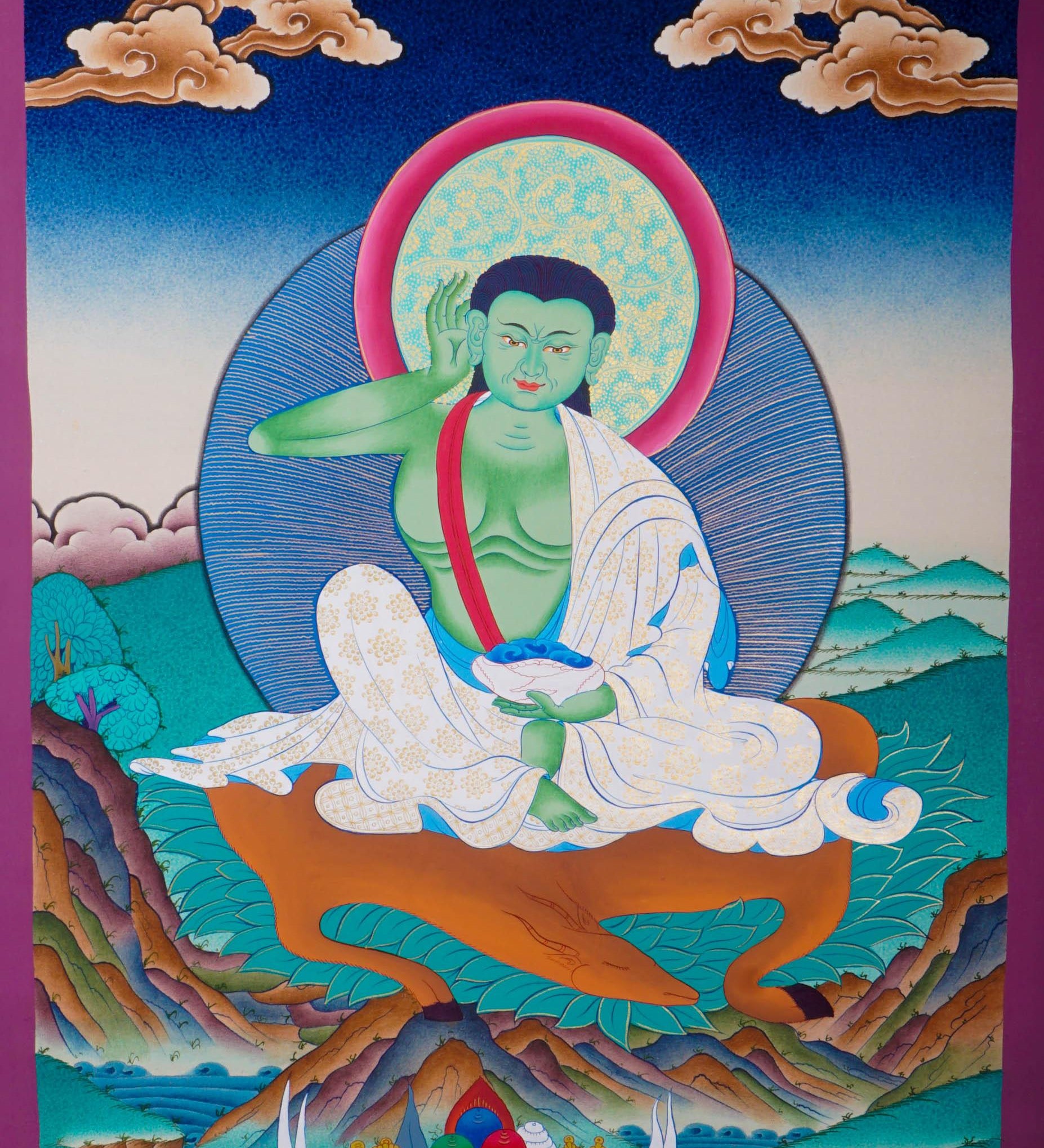 Tibetan thangka art of Milarepa with green Body draped in white clothed and holds a begging bowl