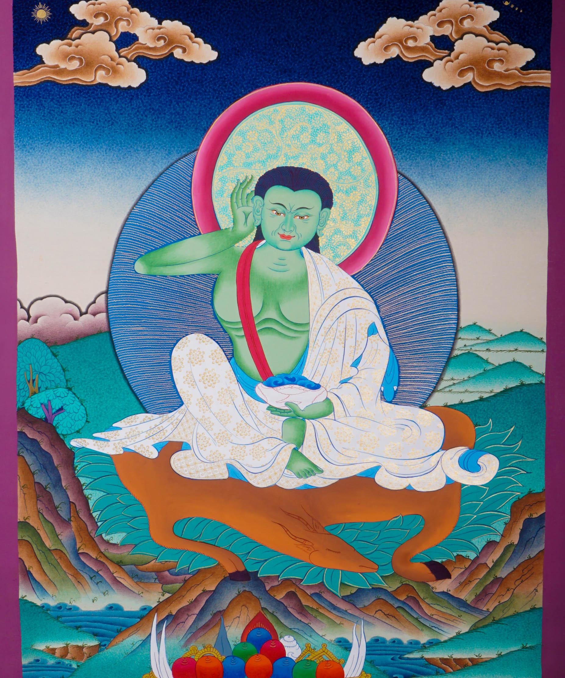 Tibetan thangka art of Milarepa with green Body draped in white clothed and holds a begging bowl