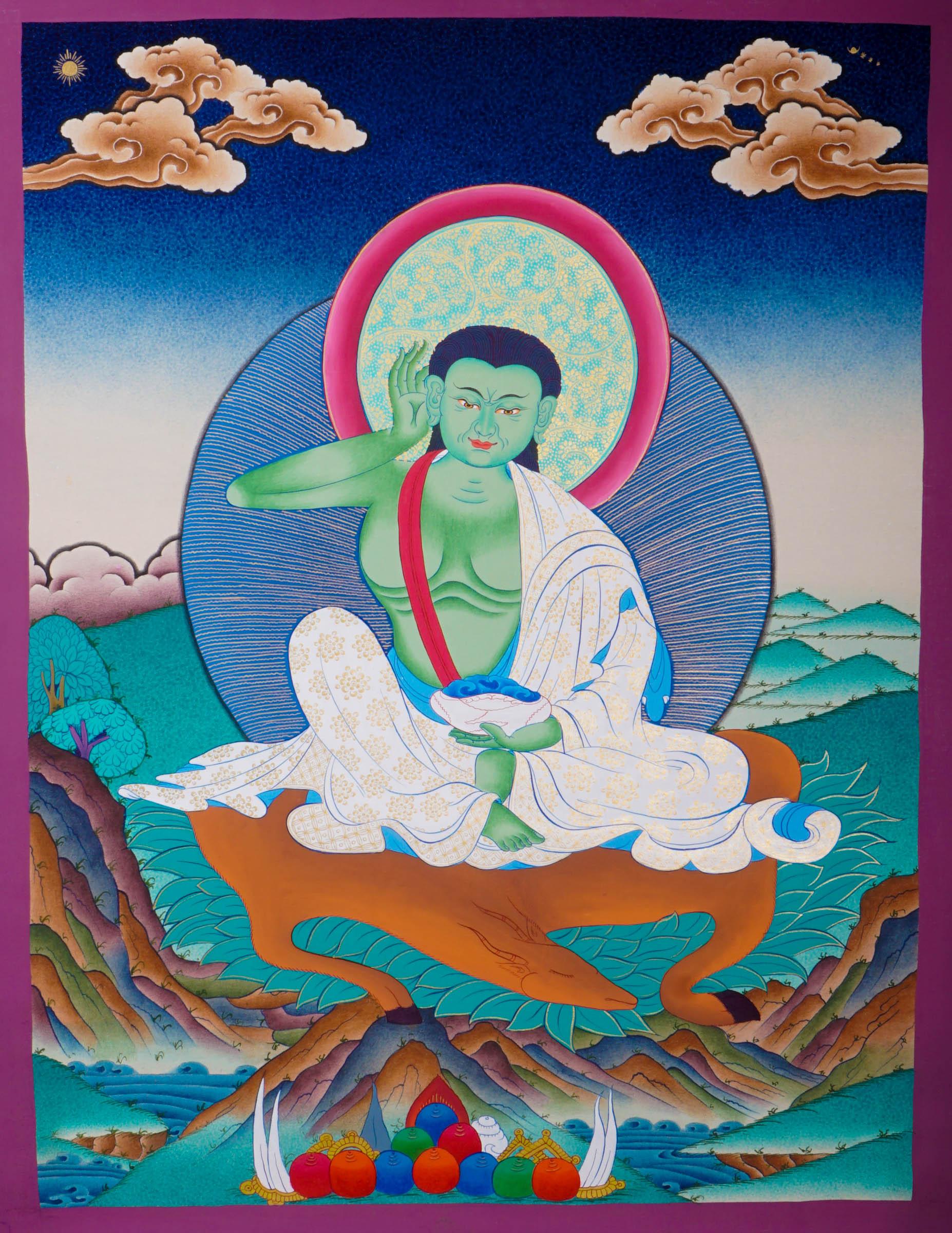 Tibetan thangka art of Milarepa with green Body draped in white clothed and holds a begging bowl