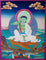 Tibetan thangka art of Milarepa with green Body draped in white clothed and holds a begging bowl