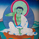 Tibetan thangka art of Milarepa with green Body draped in white clothed and holds a begging bowl