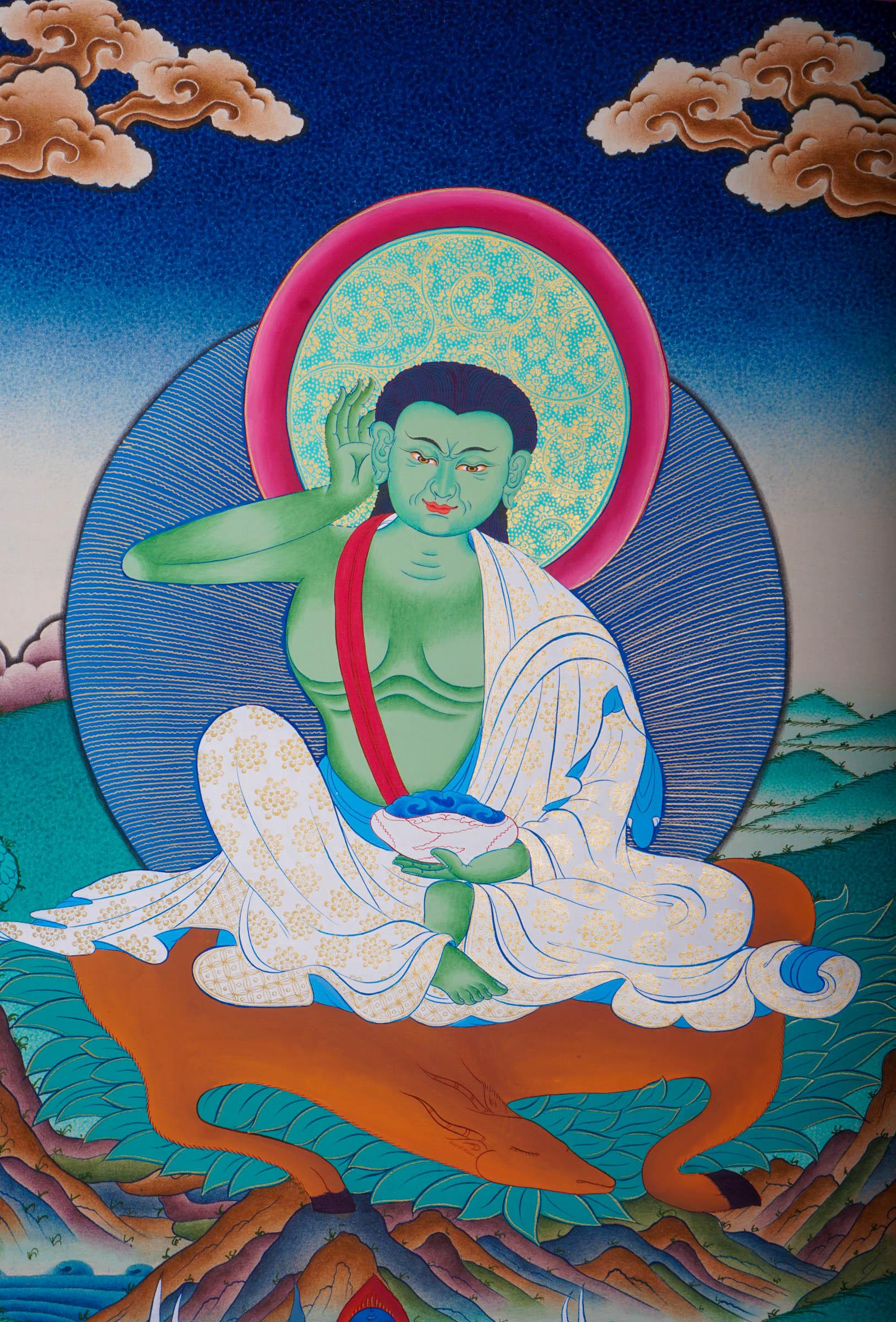 Tibetan thangka art of Milarepa with green Body draped in white clothed and holds a begging bowl