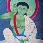 Tibetan thangka art of Milarepa with green Body draped in white clothed and holds a begging bowl