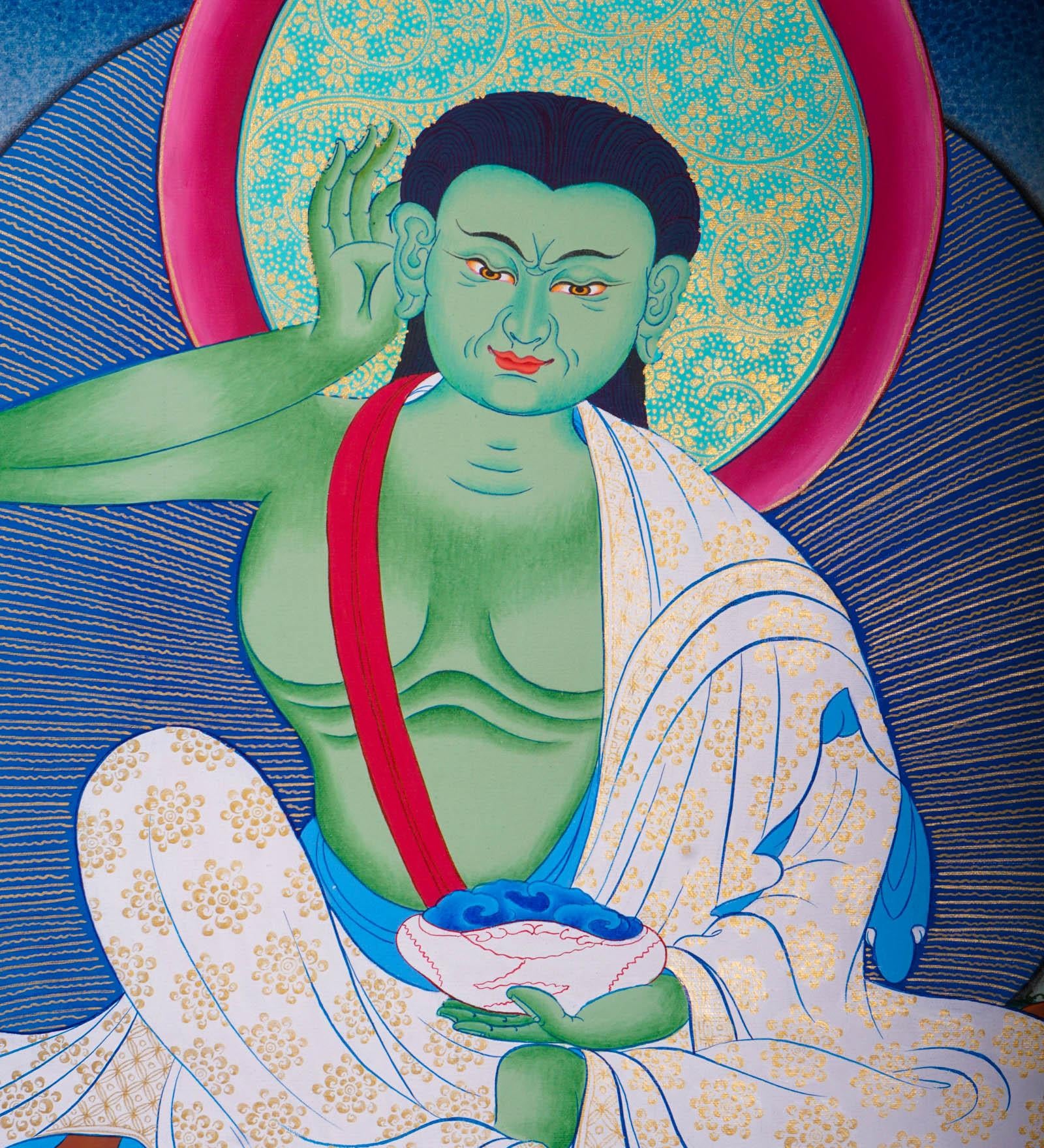 Tibetan thangka art of Milarepa with green Body draped in white clothed and holds a begging bowl
