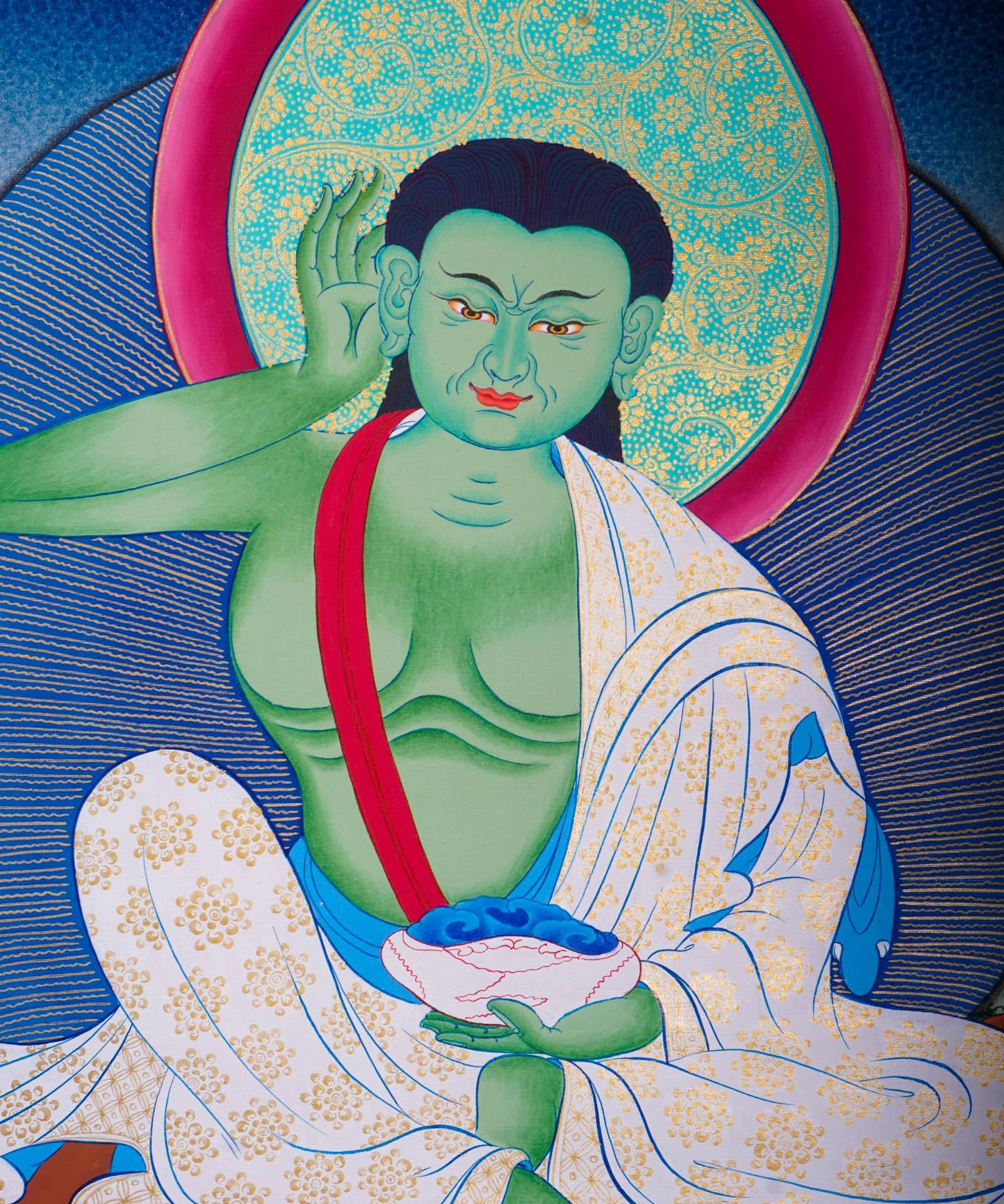 Tibetan thangka art of Milarepa with green Body draped in white clothed and holds a begging bowl
