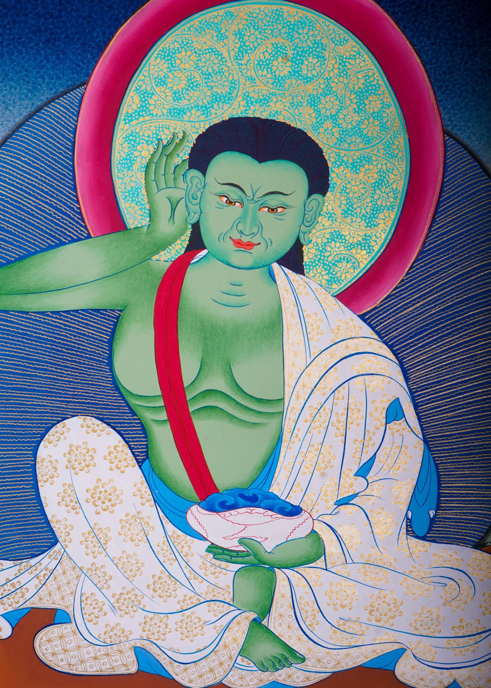 Tibetan thangka art of Milarepa with green Body draped in white clothed and holds a begging bowl