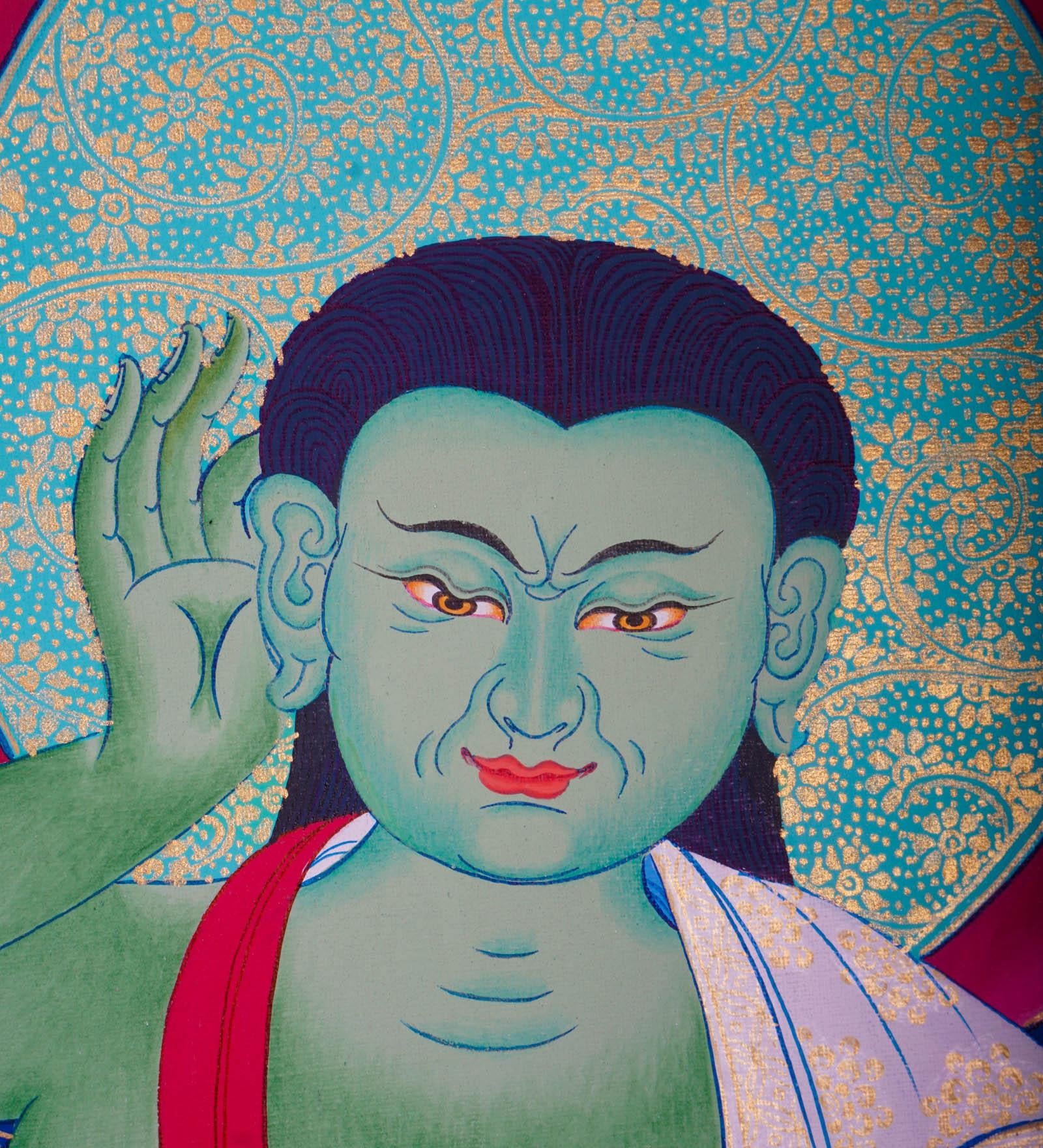 Tibetan thangka art of Milarepa with green Body draped in white clothed and holds a begging bowl
