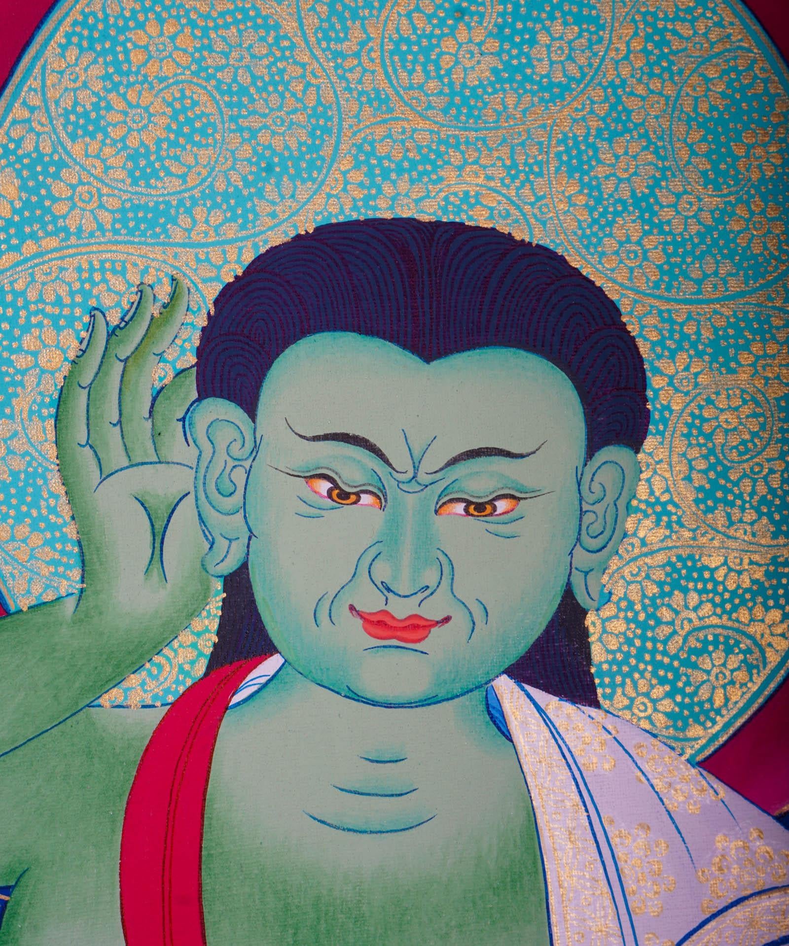 Tibetan thangka art of Milarepa with green Body draped in white clothed and holds a begging bowl