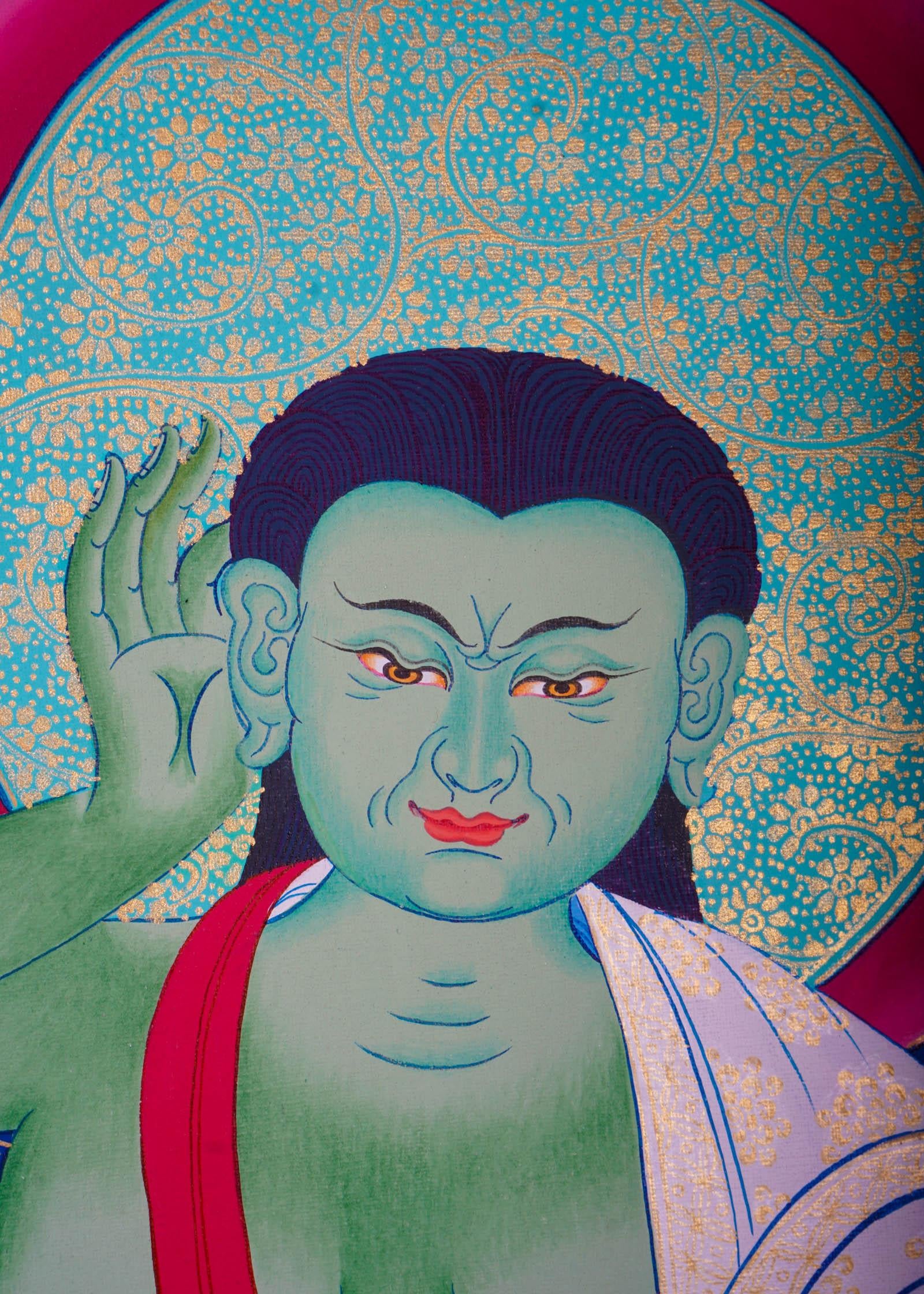 Tibetan thangka art of Milarepa with green Body draped in white clothed and holds a begging bowl