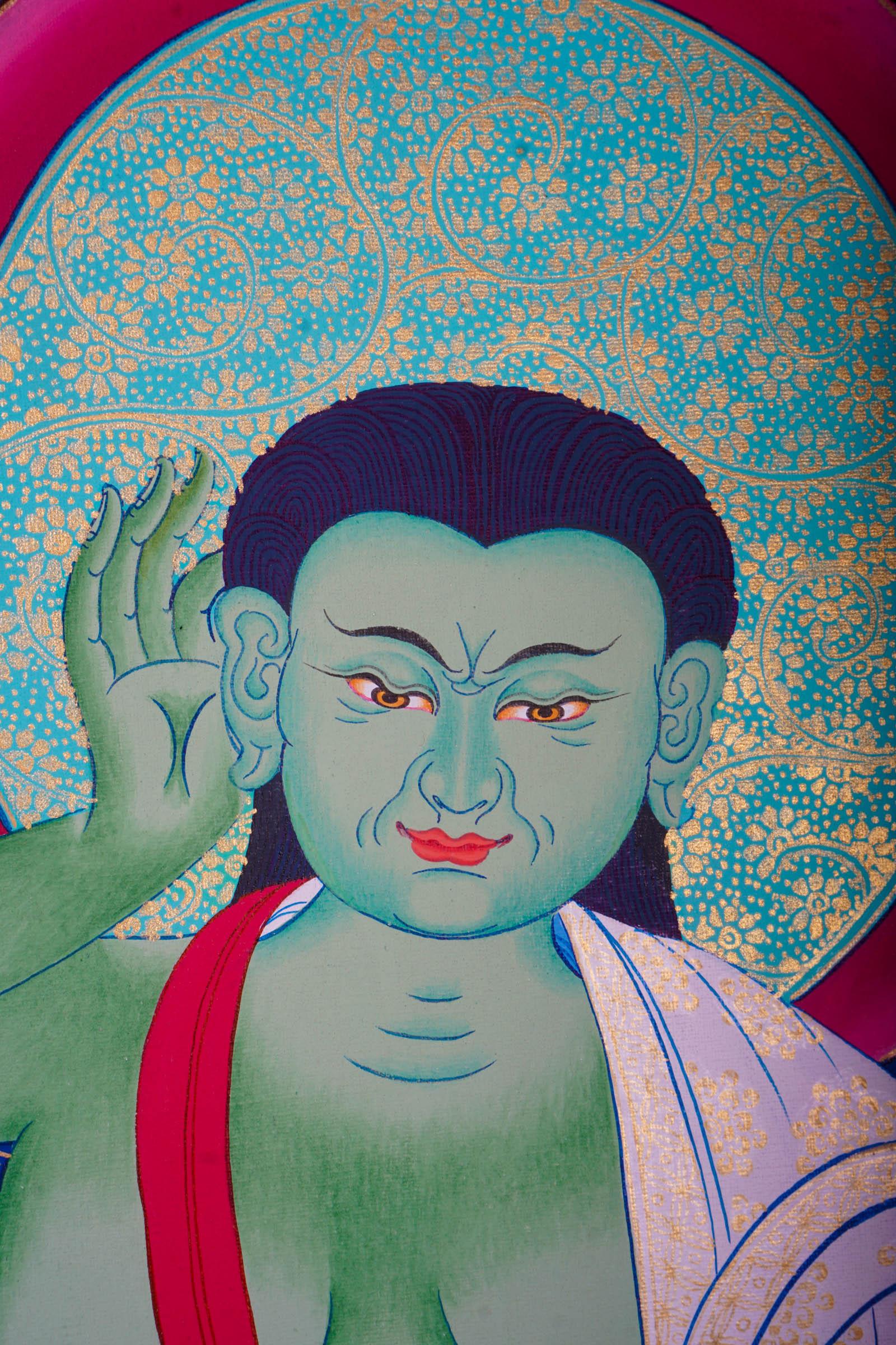 Tibetan thangka art of Milarepa with green Body draped in white clothed and holds a begging bowl