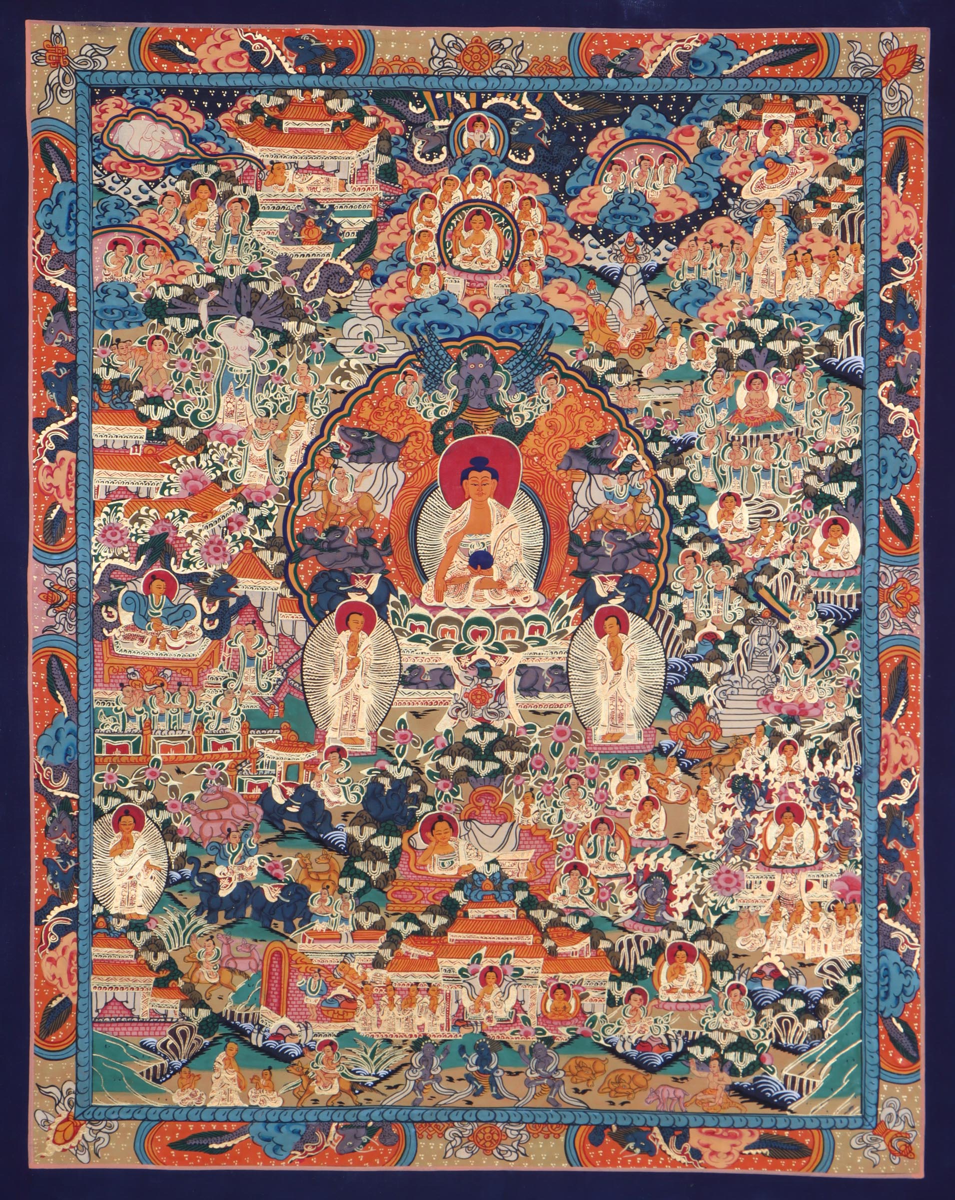 Buddha Life thangka painting with details of Buddha  existence