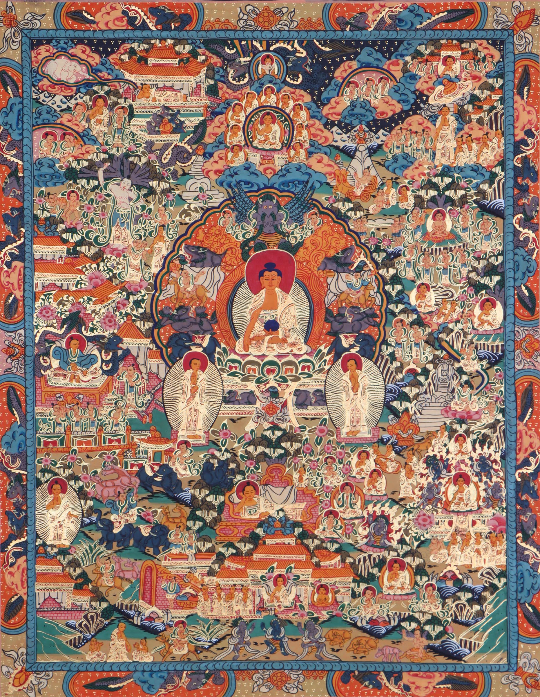 Buddha Life thangka painting with details of Buddha existence