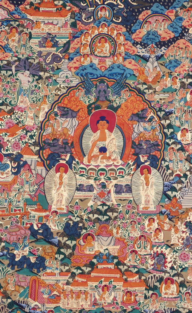 Buddha Life thangka painting with details of Buddha existence