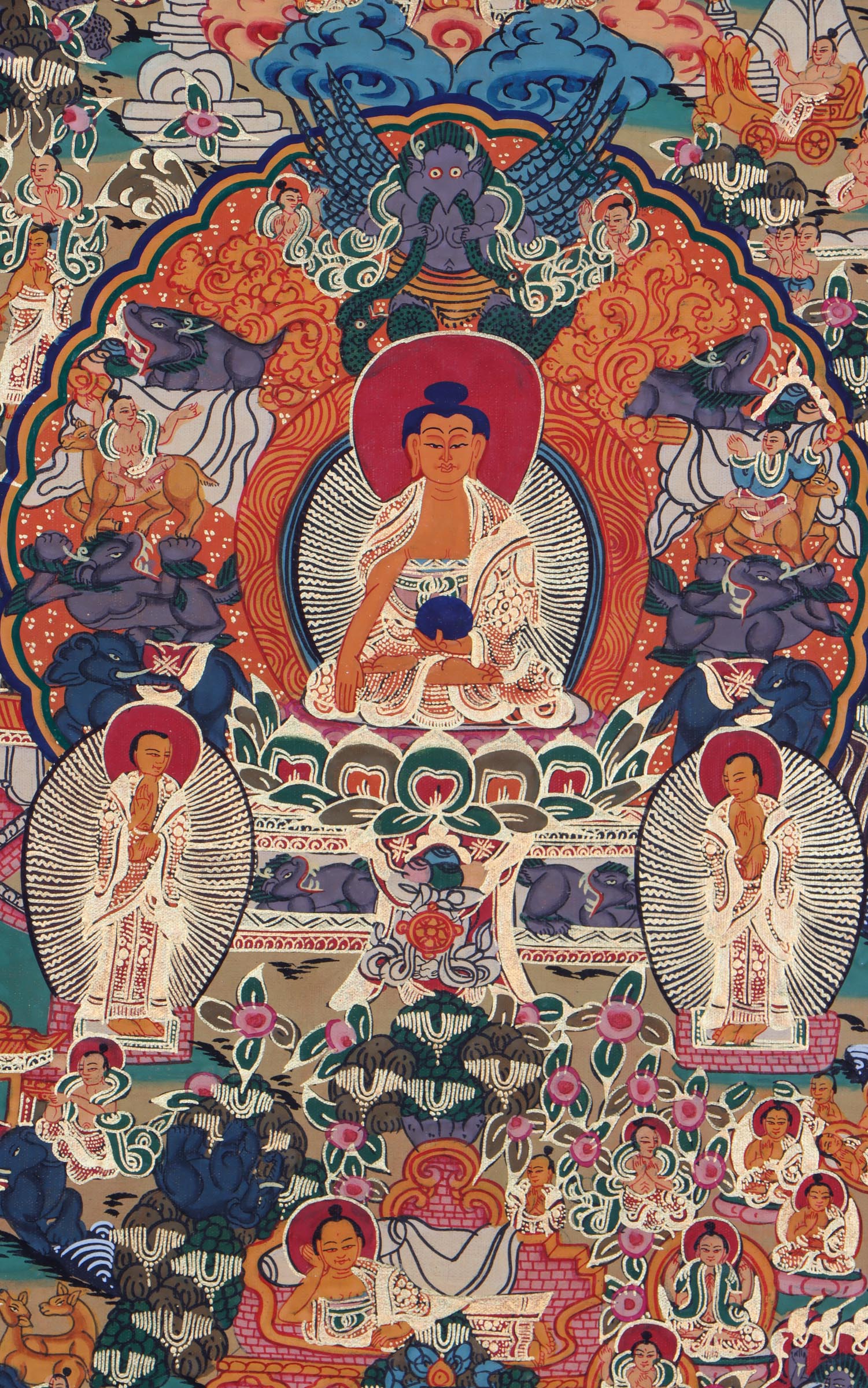 Buddha Life thangka painting with details of Buddha existence