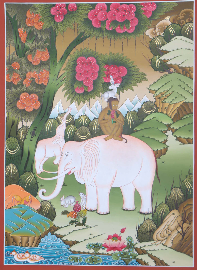 Thangka Painting of 4 Harmonious Friends - Himalayas Shop