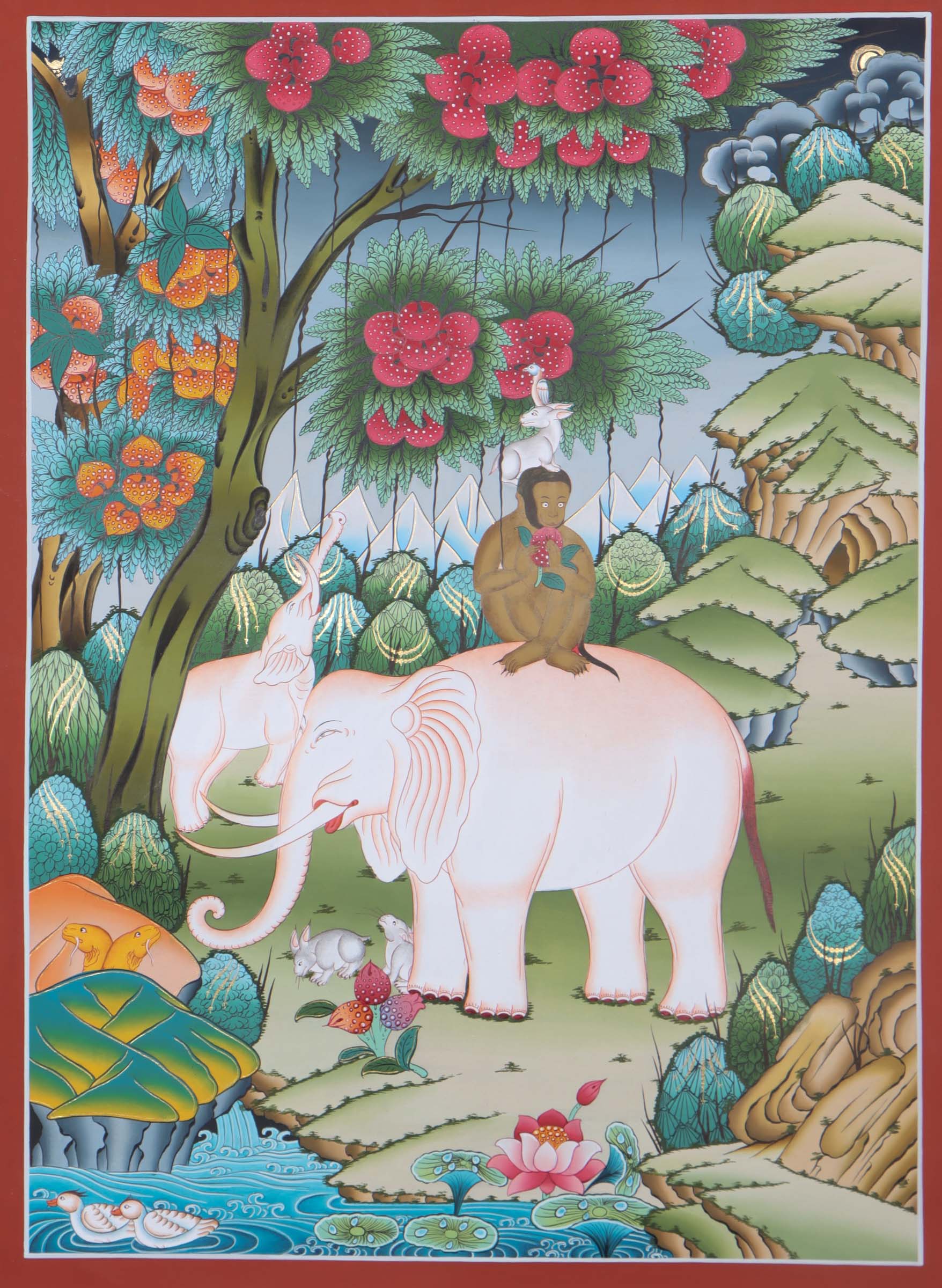 Thangka Painting of 4 Harmonious Friends - Himalayas Shop