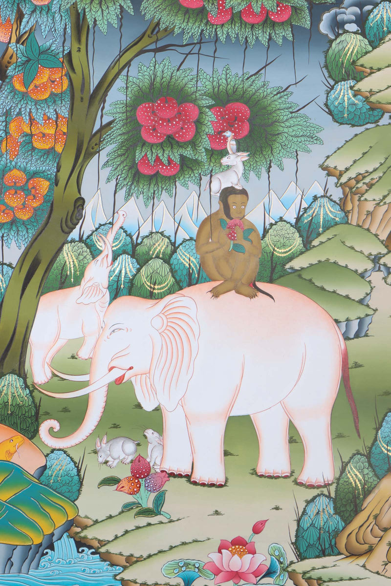 Thangka Painting of 4 Harmonious Friends - Himalayas Shop