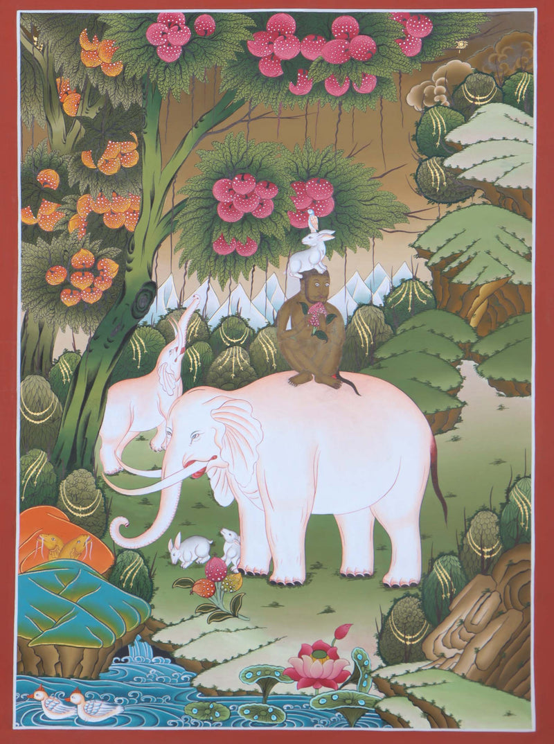 Thangka Painting of 4 Harmonious Friends - Himalayas Shop