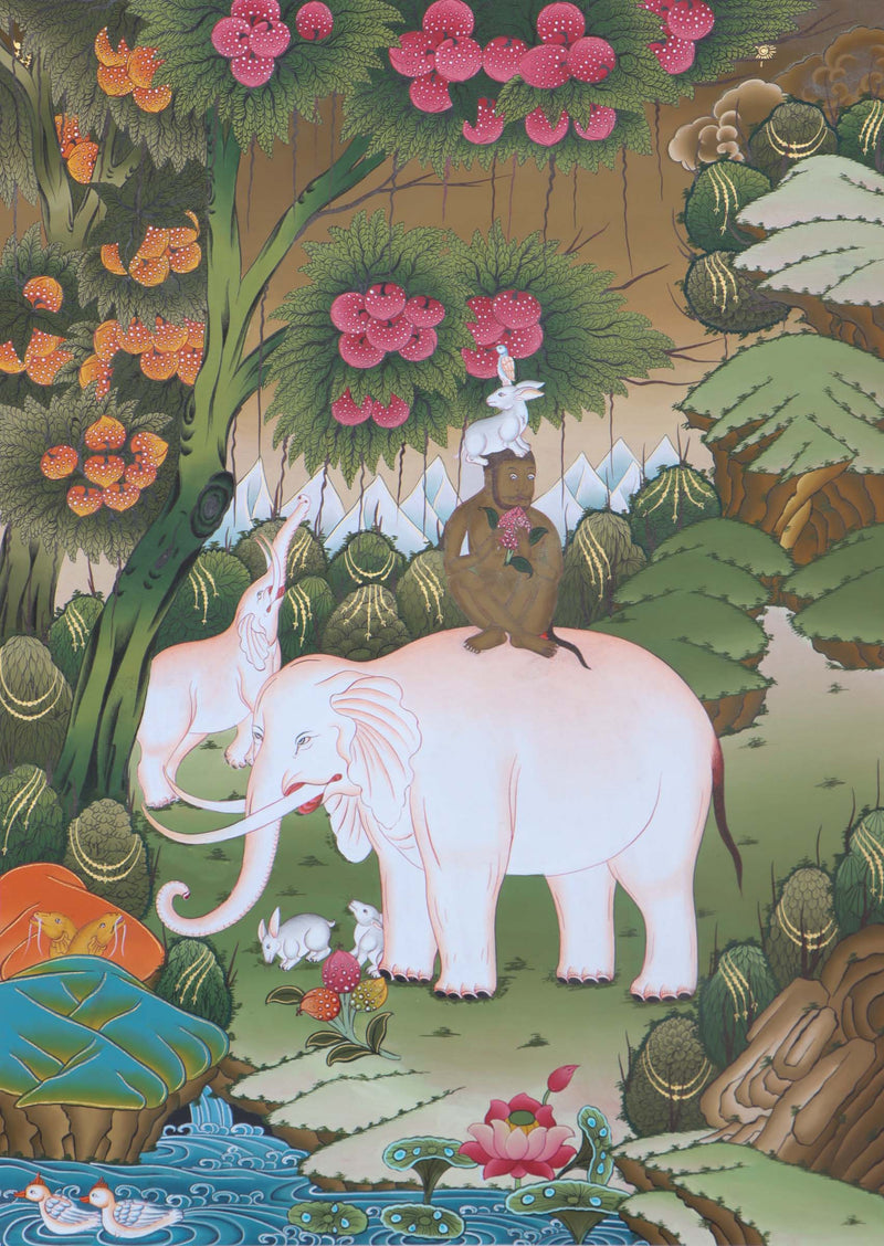 Thangka Painting of 4 Harmonious Friends - Himalayas Shop
