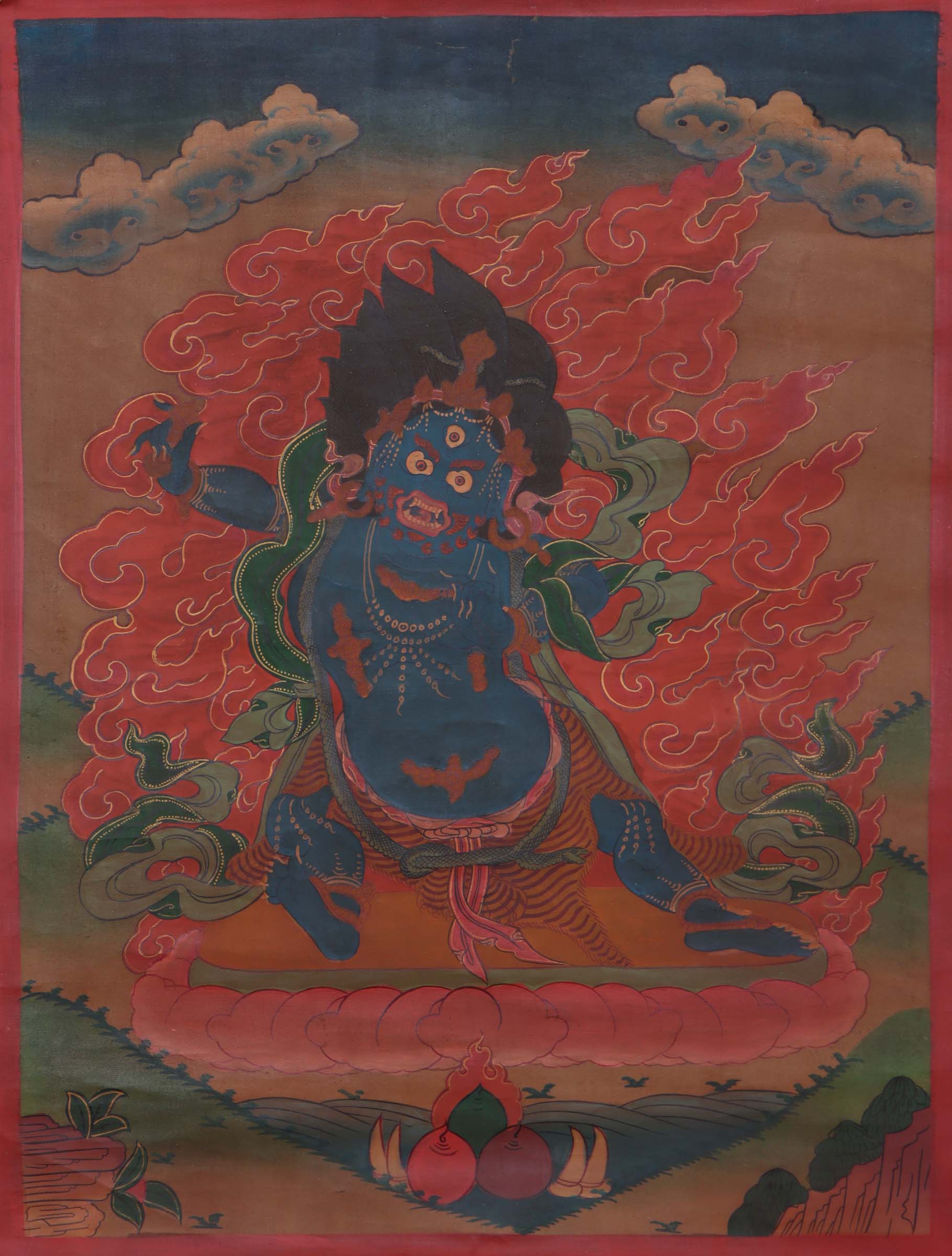 Vajrapani thangka art depicts a powerful Buddhist deity, holding a vajra (thunderbolt) in one hand and a lasso in the other. His fierce expression represents his ability to conquer obstacles and protect against negative influences.
