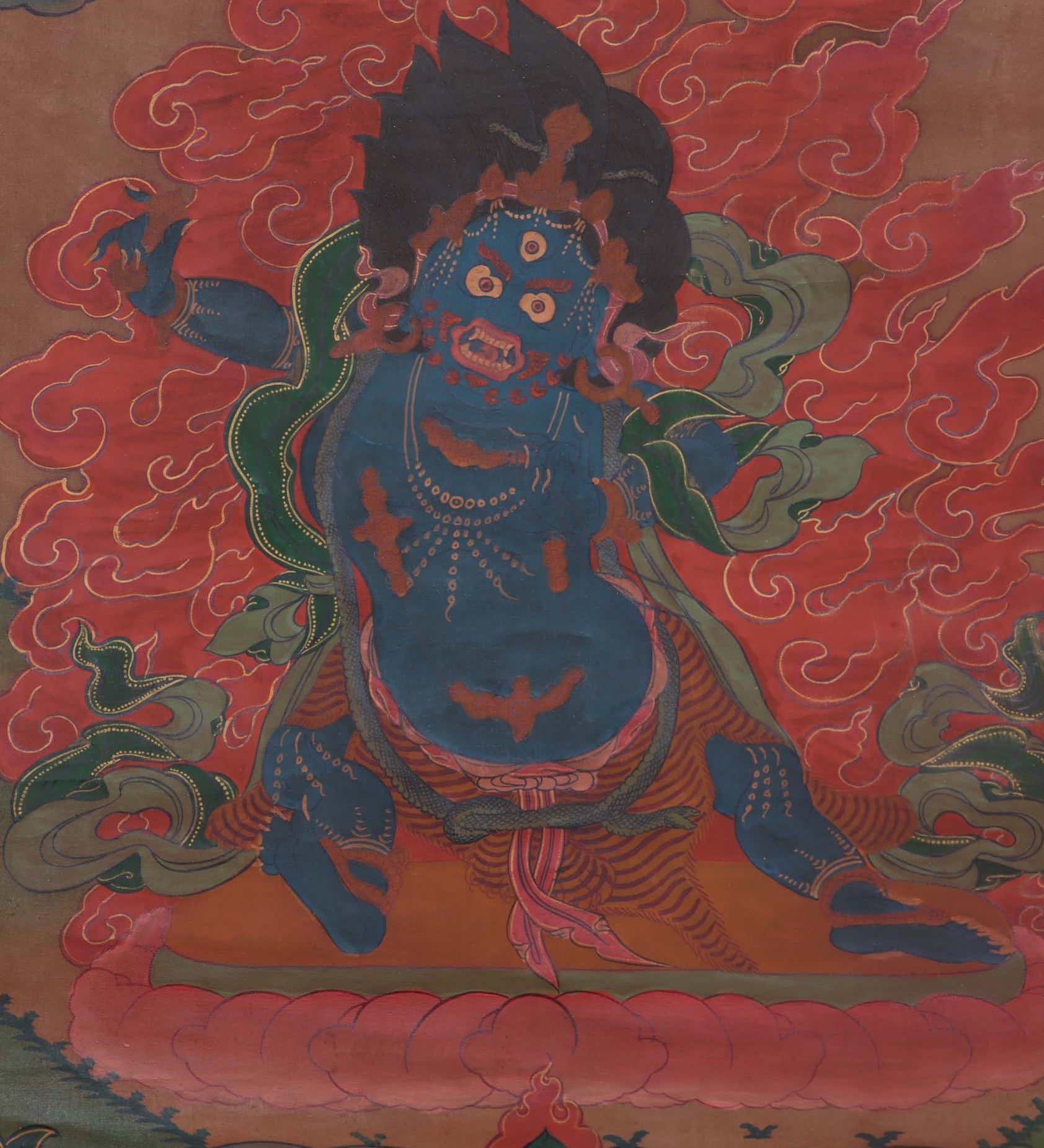 Vajrapani thangka art depicts a powerful Buddhist deity, holding a vajra (thunderbolt) in one hand and a lasso in the other. His fierce expression represents his ability to conquer obstacles and protect against negative influences.