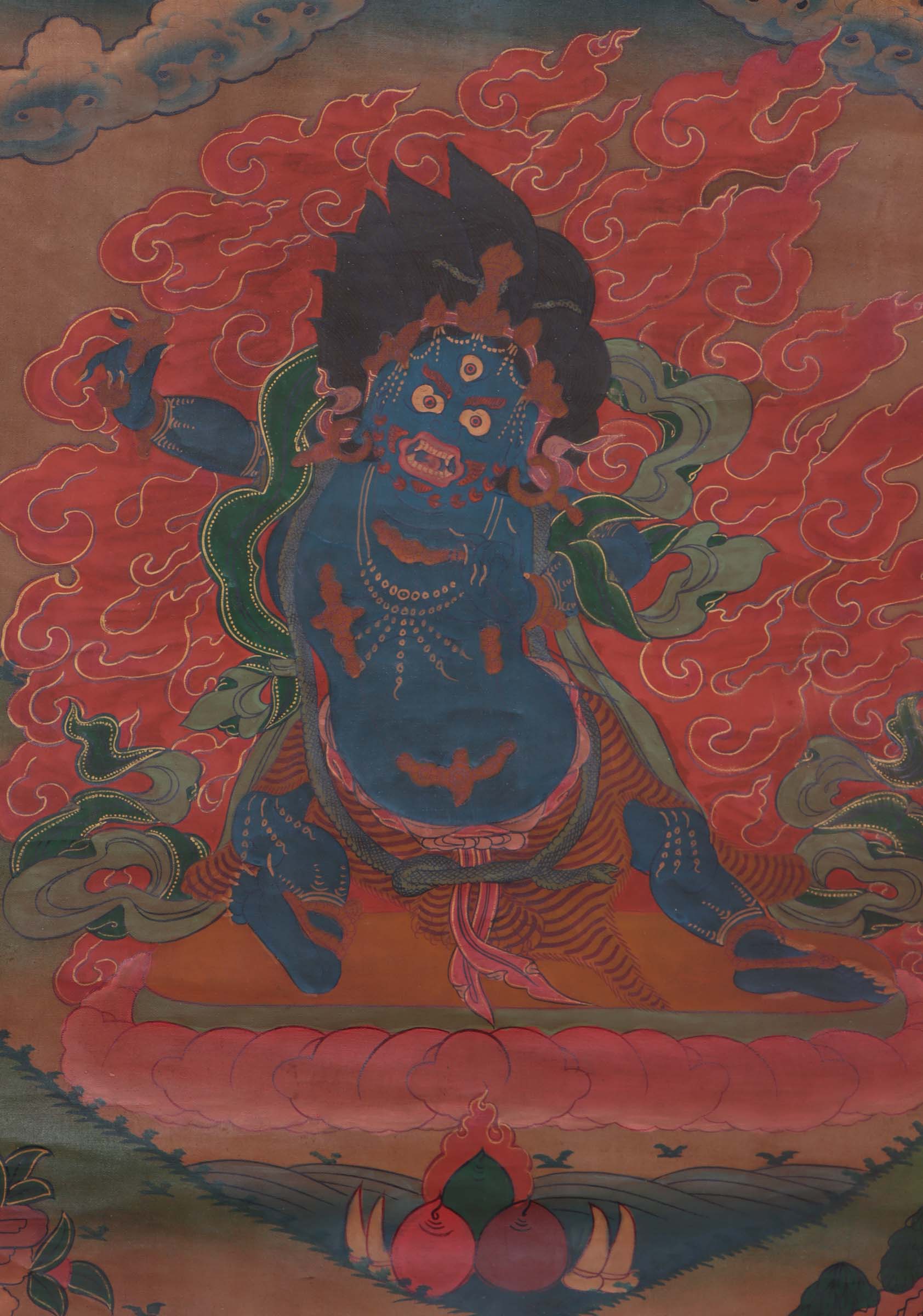 Vajrapani thangka art depicts a powerful Buddhist deity, holding a vajra (thunderbolt) in one hand and a lasso in the other. His fierce expression represents his ability to conquer obstacles and protect against negative influences.