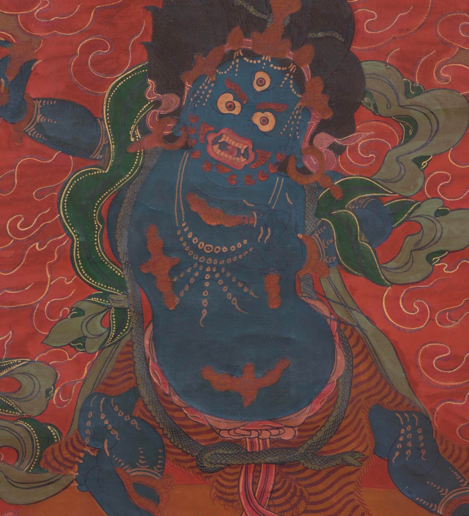 Vajrapani thangka art depicts a powerful Buddhist deity, holding a vajra (thunderbolt) in one hand and a lasso in the other. His fierce expression represents his ability to conquer obstacles and protect against negative influences.
