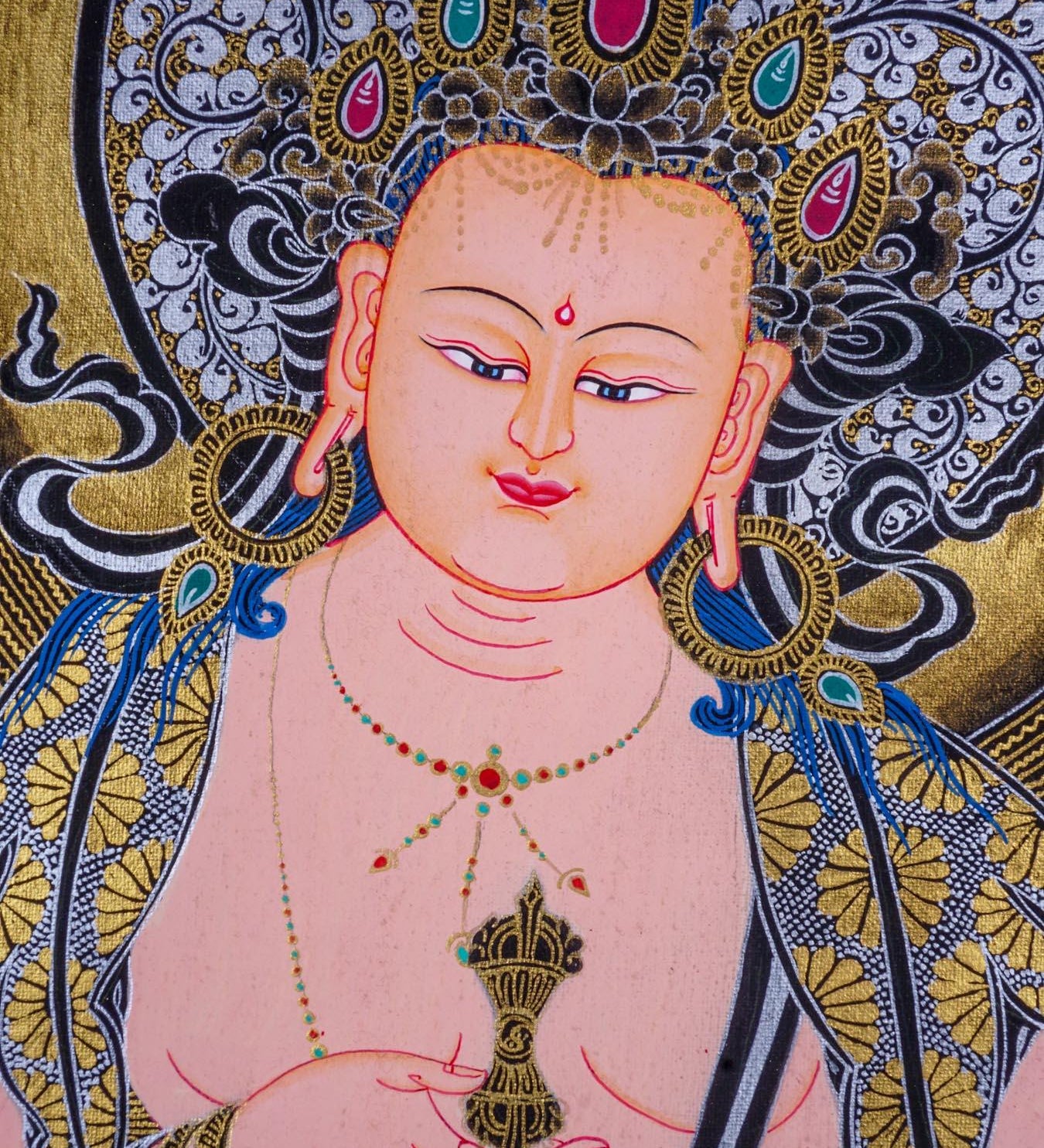 Vajrasattva Tibetan thangka art on canvas with gold and silver paint