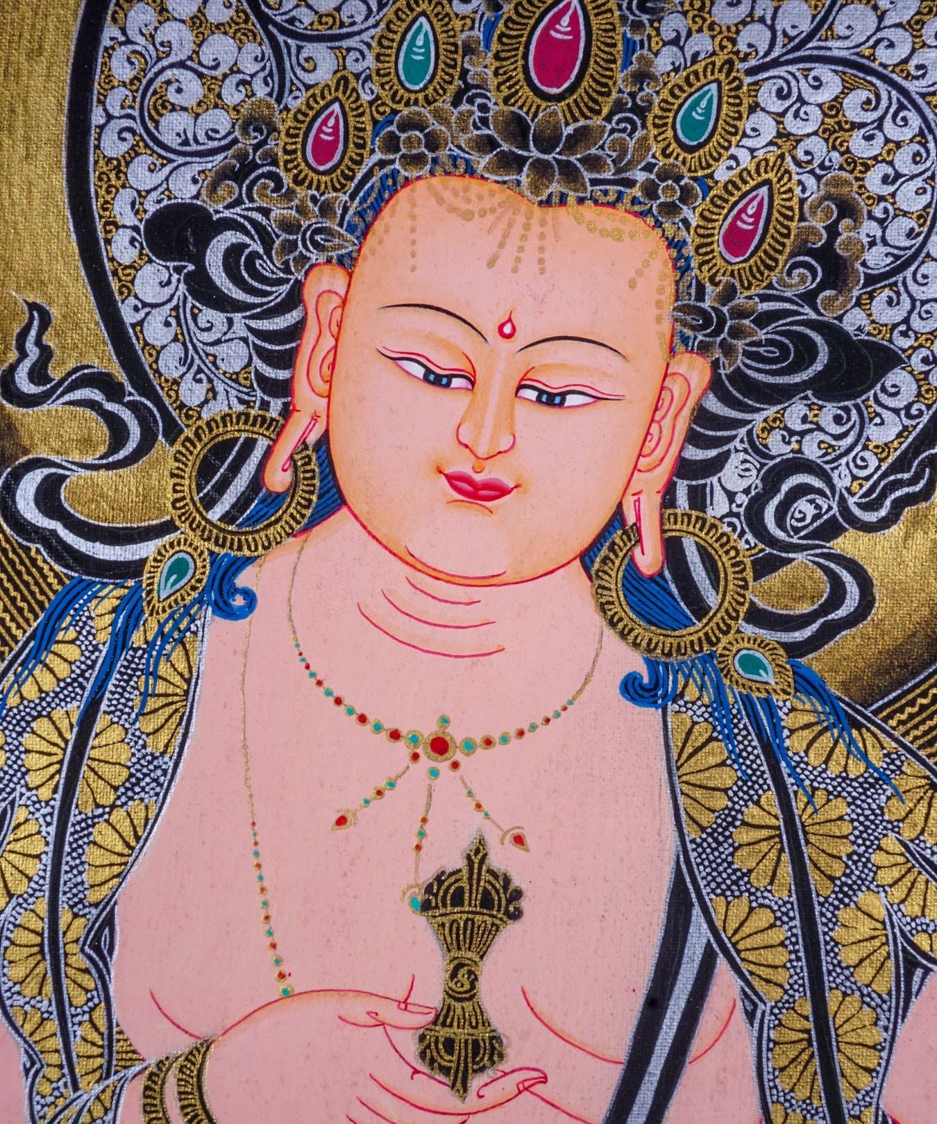 Vajrasattva Tibetan thangka art on canvas with gold and silver paint