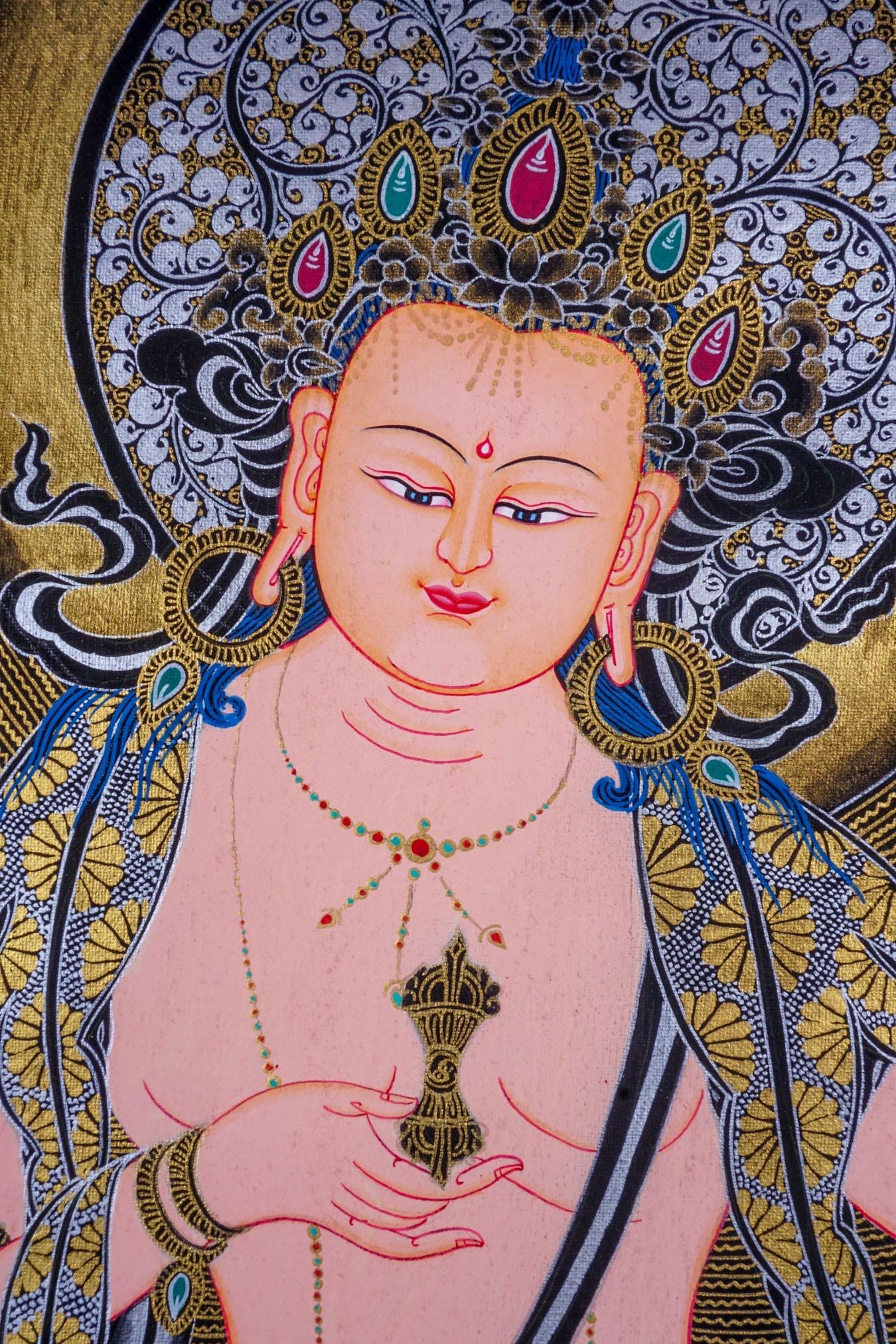 Vajrasattva Tibetan thangka art on canvas with gold and silver paint